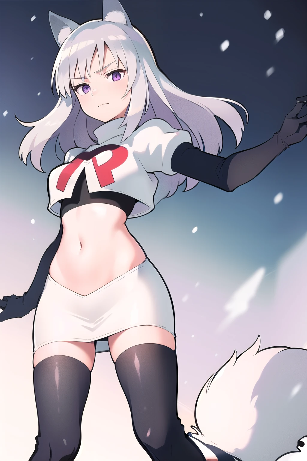 masterpiece, best quality, 1girl, aurora e. juutilainen, dog tail, animal ears, purple eyes, silver hair, outside, snow, team rocket,team rocket uniform,white skirt,red letter R,crop top,black thigh-highs,black elbow gloves