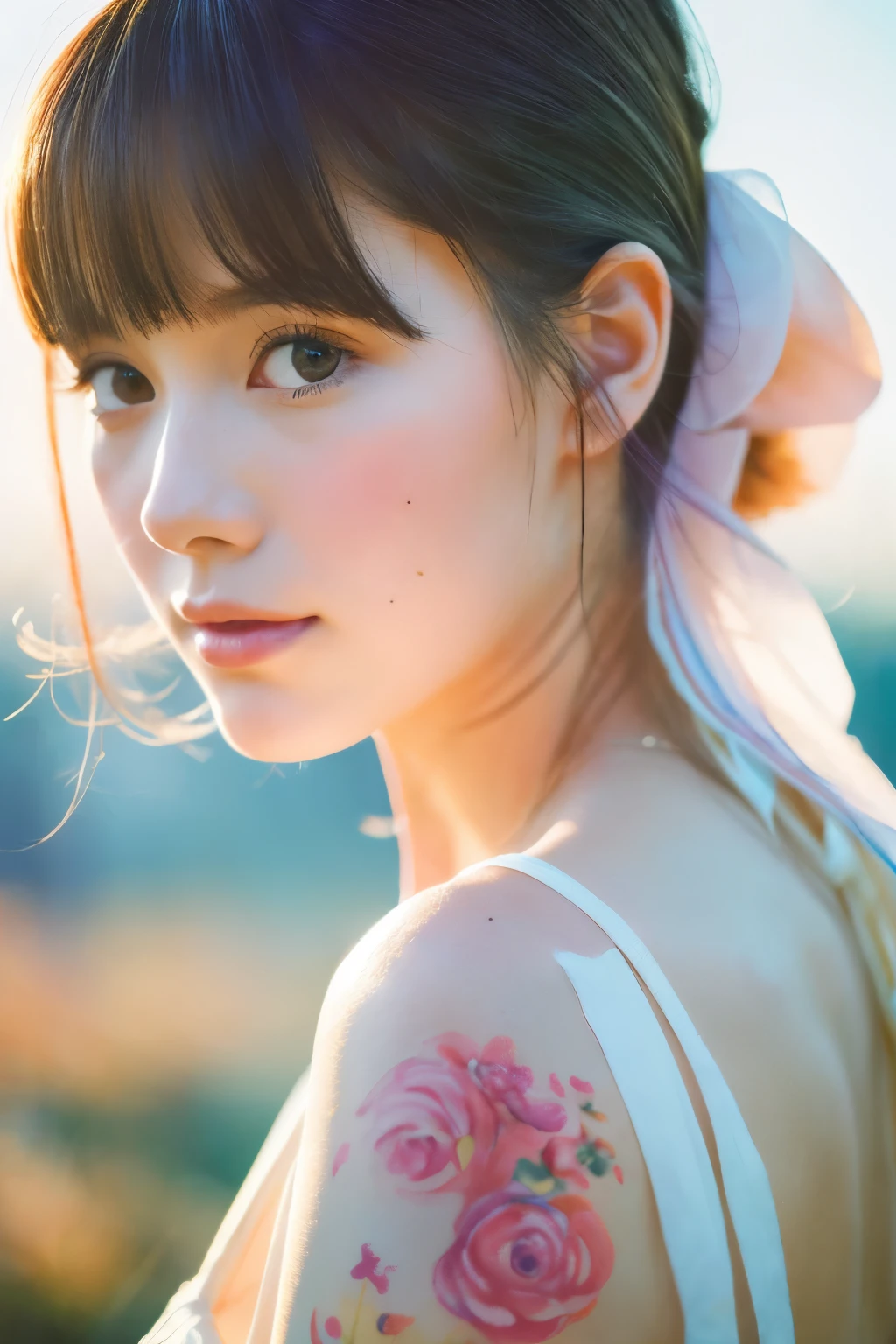 (8k, highest quality, masterpiece:1.2),(highest quality:1.0), (Ultra-high resolution:1.0), watercolor, Beautiful woman, shoulder, Hair Ribbon, Agnes Cecil, Half Body Portrait, Very bright and luminous design, pastel colour, (ink:1.3), Autumn Light,