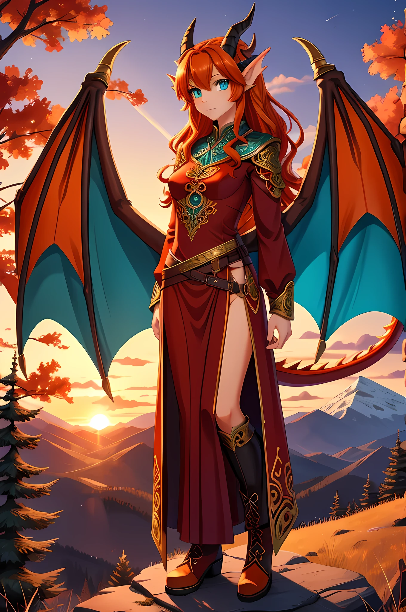 anime style art, fantasy style art, beautiful Celtic dragon girl, young adult European girl, mature young woman, tall character, 6 feet tall, long wavy bright orange hair, bright teal eyes, realistic and sparkling teal eyes looking at viewer, shapely body, skinny body, healthy body, red warrior outfit, ornate red clothes, fancy purple patterns and symbols, 2 red dress coattails hanging down her sides, high brown leather boots, long draping red sleeves, 2 large orange dragon wings, wings on both sides, orange dragon horns, standing on top of a hill, sunset, mountains and trees in the distance, high quality digital art, 2k, professional illustration