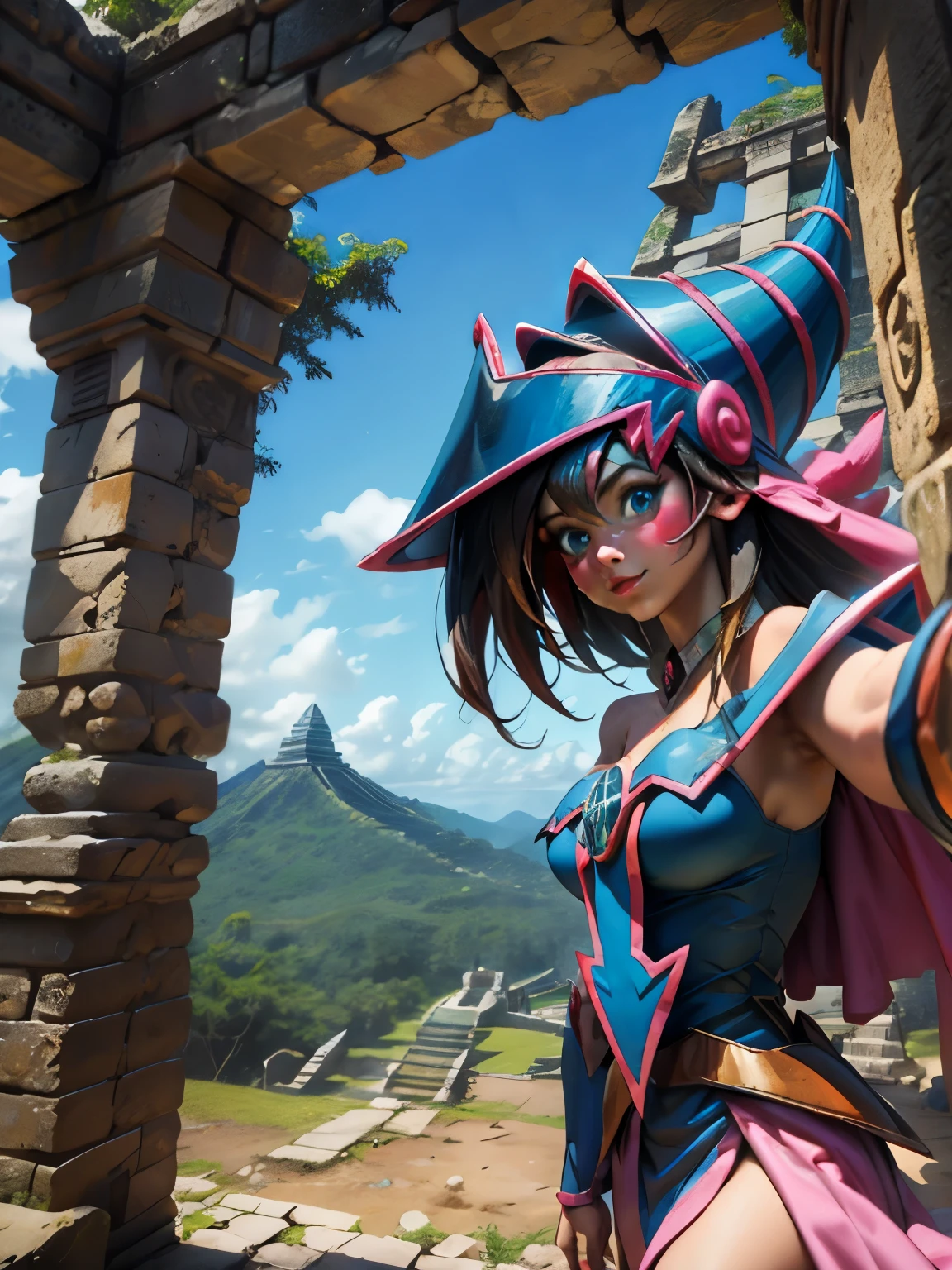 Dark magician taking a selfie in some Mayan ruins. Ella tiene cabello rubio. ojos azules. Labios rojos. Se toma una selfies en  unas ruinas mayas. Selva y jaguares a si alrededor 