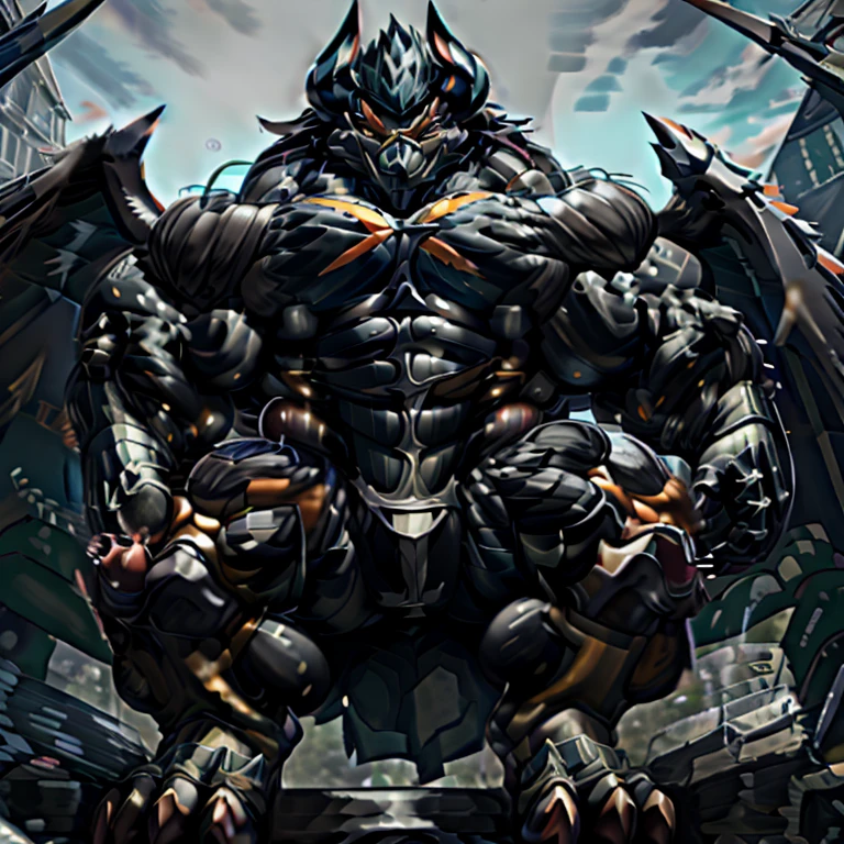 (gigantic muscles), 8K, Masterpiece, highres, Detailed head, Detailed Body, full body, Detailed abs, wearing crNanosuit, big muscle (pecs, triceps, traps) unusually developed muscular body, body full of huge muscles. pectorales enormes. Exaggeratedly huge muscles. Gigachad Muscular, gigantic muscles, Colossal giant NANOSUIT over a battlefield, The claws are sharp, Sharp teeth, Spread wings, have big wings. black wings, METAL WINGS, nj5furry, Animal paws, castle, black visor, demon lord dragon batzz, five fingers, five toes, sitting on the throne, The feathers on its wings are detailed and realistic.