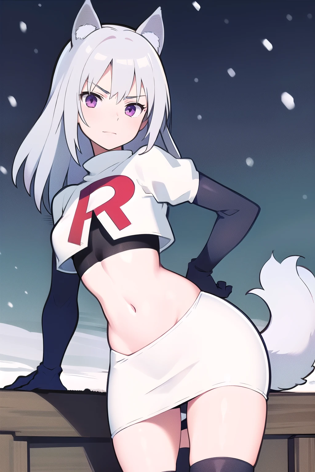 masterpiece, best quality, 1girl, aurora e. juutilainen, dog tail, animal ears, purple eyes, silver hair, outside, snow, team rocket,team rocket uniform,white skirt,red letter R,crop top,black thigh-highs,black elbow gloves