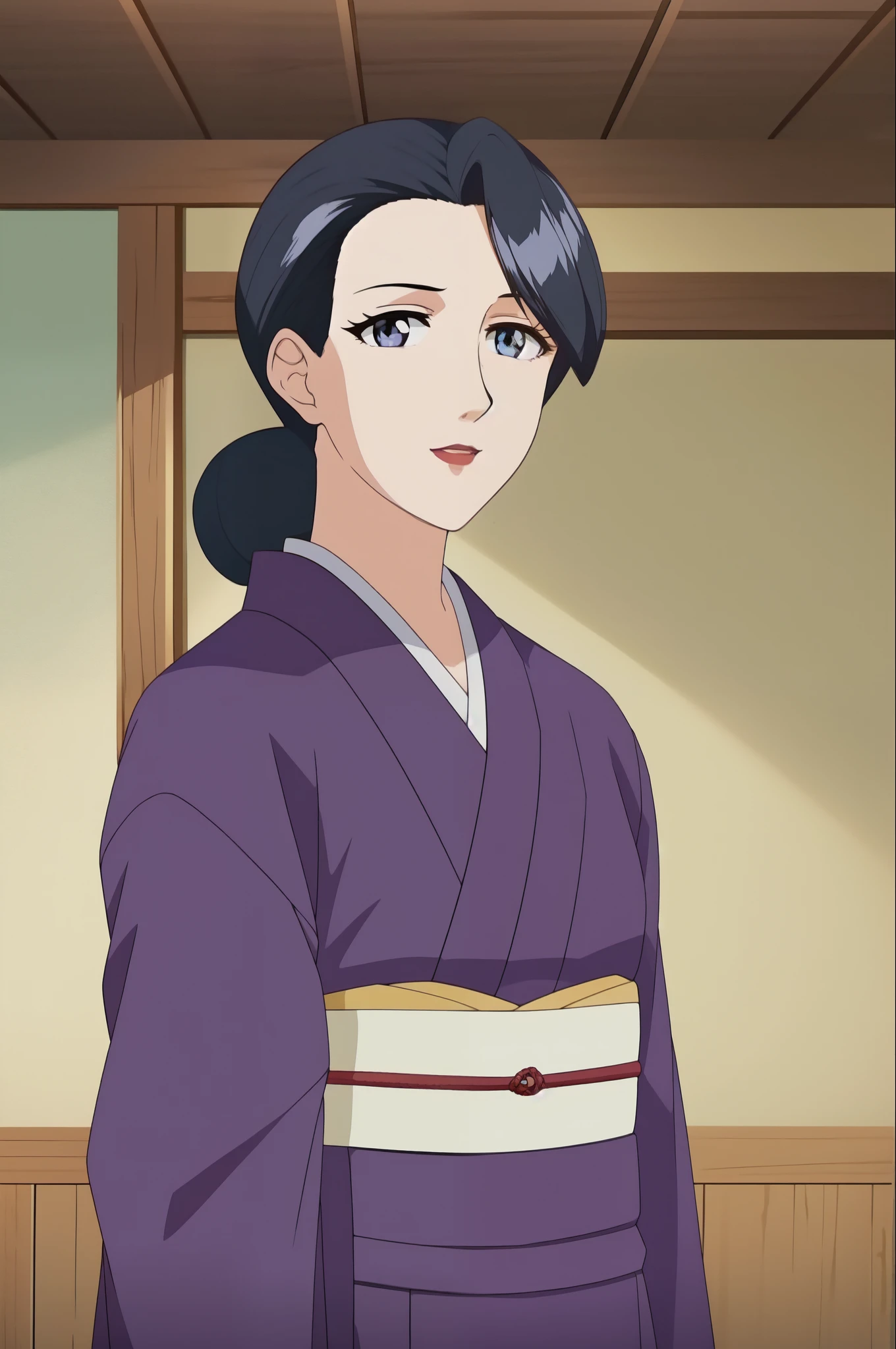 masterpiece, best quality, 1girl, solo, bun, blackhair, purple kimono,  long sleeves, japanese clothes, beautiful face, beautiful eyes, perfect body, upper body, indoor, traditional house, looking at viewer, high detailed illustration, high detailed background, hi-res
INFO
