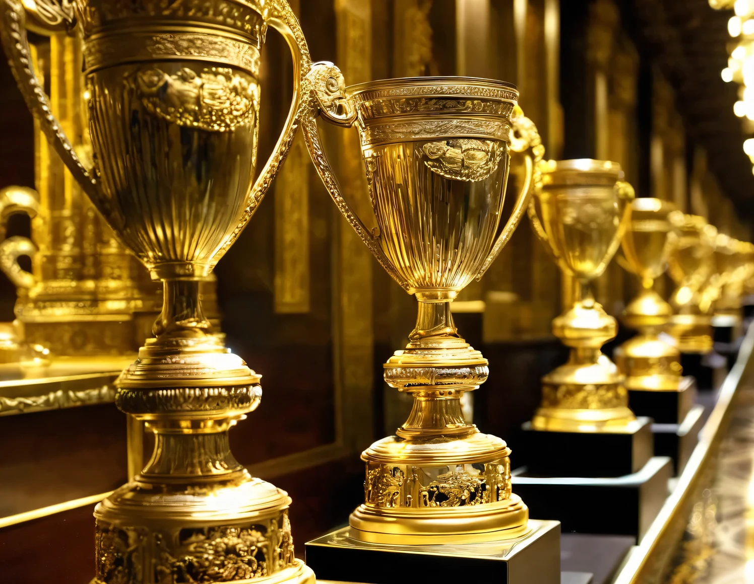  Close-ups of the trophies, marvelling at the exquisite detail of the trophies, intrigued, fascinated and understanding their craftsmanship and historical importance. The corridors of the Grand Museum, its magnificent architecture lit by dim lights. Mystery, close-up shots, lighting focused on trophies, subtle dust in the air emphasises the passage of time.