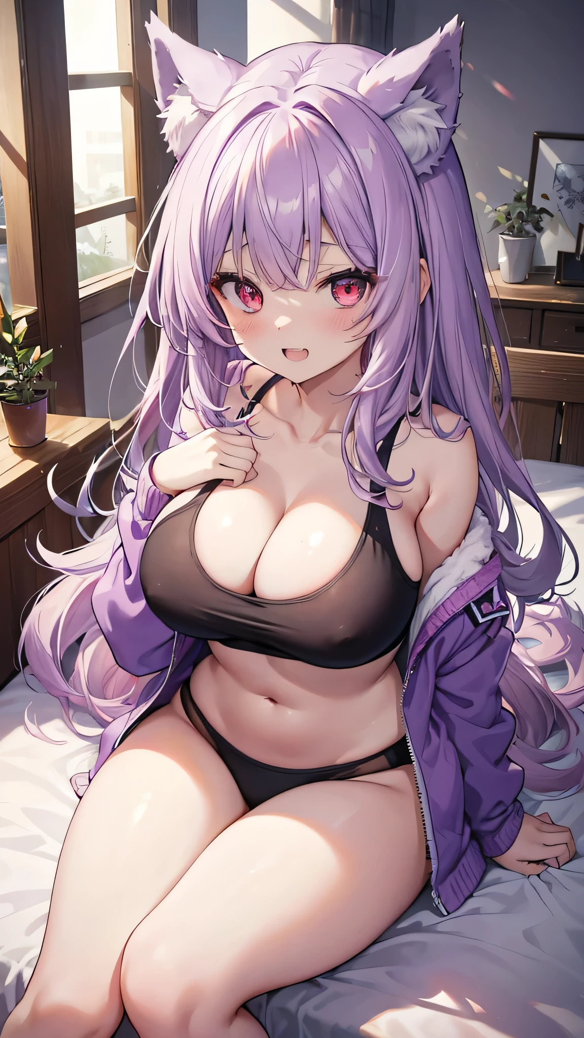 The best masterpiece、high resolution、Wolf Girl, Large Breasts, Voluminous, messy, light purple hair, masterpiece , Red eyes, hd, Head to Chest, Put in your chest、 tooth、Double teeth,, On the bed、Thick thighs、Grinning、Knitted sports bra、、Big Tits、Open your mouth、Jacket、