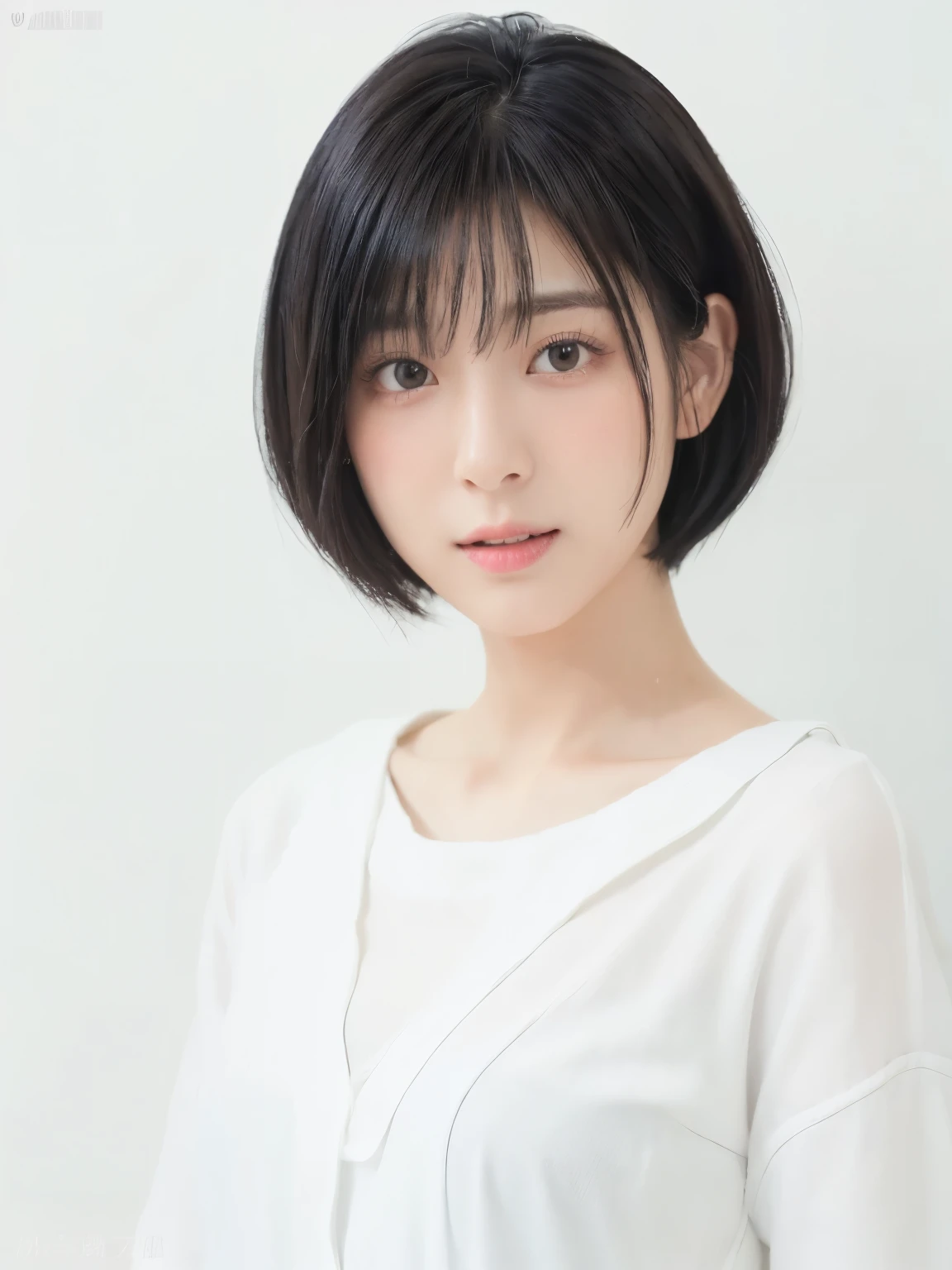 White long sleeve dress、Tabletop、(White wall in the background、髪の一部はBlack Hairです:1.4)、In front of a white door、((highest quality、8k、masterpiece:1.3))、Ultra-high resolution、(photoGenuineistic:1.4)、RAW Photos、30-year-old woman、Japanese,(face)、Genuine、Photographed in natural light、Highly detailed face and skin texture、Highly detailed lips、The correct state of the human body、short hair、Shortcuts、Black Hair、short hair、Various poses、Natural color lip、Fluffy hair