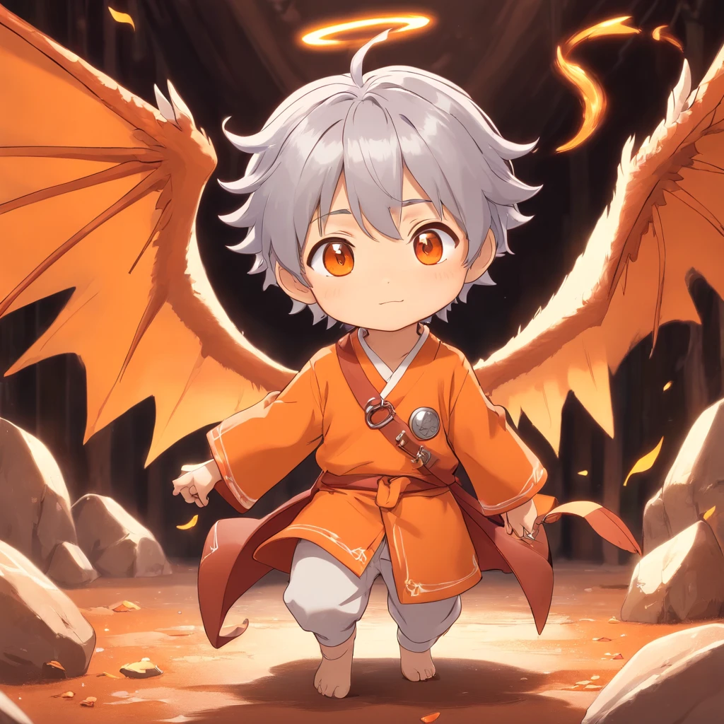 Anime style, male character chibi design, cinnamon skin tone, orange theme, dragon pet, silver hair, hazel colored eyes, angelic wings, pastal magical background, full body, 3D Image