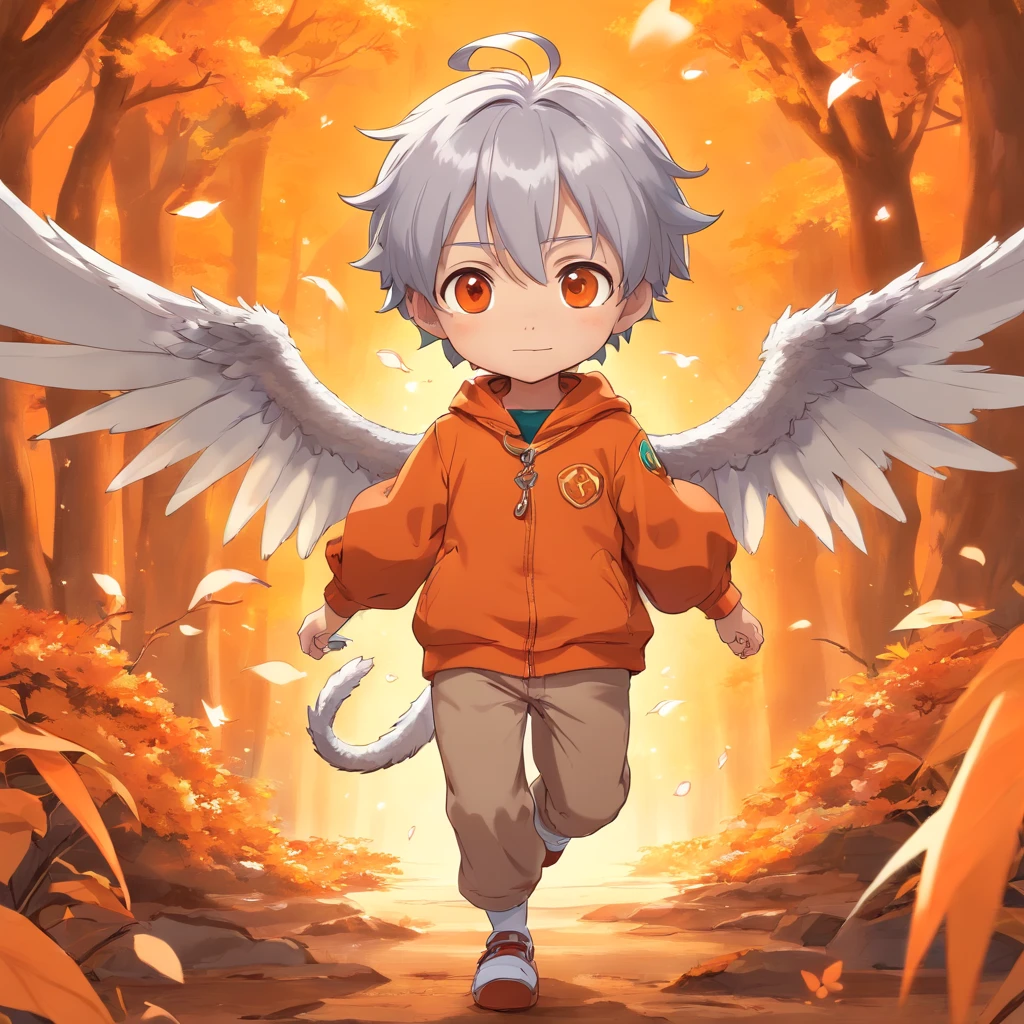 Anime style, male character chibi design, cinnamon skin tone, orange theme, dragon pet, silver hair, hazel colored eyes, angelic wings, pastal magical background, full body, 3D Image