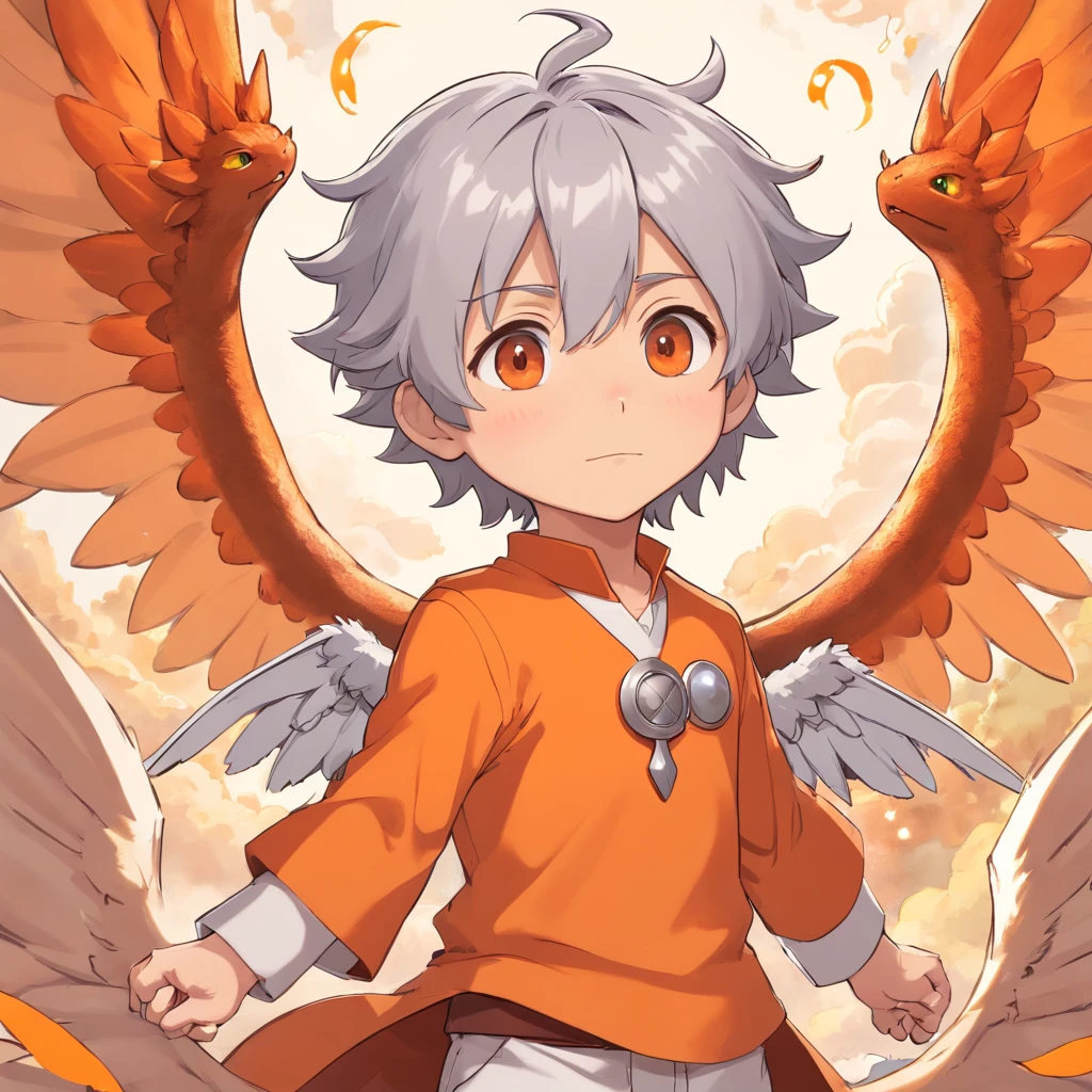 Anime style, male character chibi design, cinnamon skin tone, orange theme, dragon pet, silver hair, hazel colored eyes, angelic wings, pastal magical background, full body, 3D Image