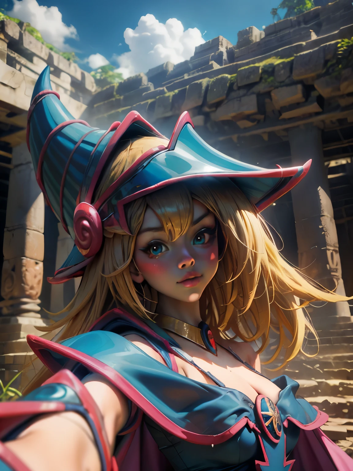 Dark magician taking a selfie at a Mayan ruins. Ella tiene cabello rubio. ojos azules. Labios rojos. Se toma una selfies en  unas ruinas mayas. Selva y jaguares a si alrededor 