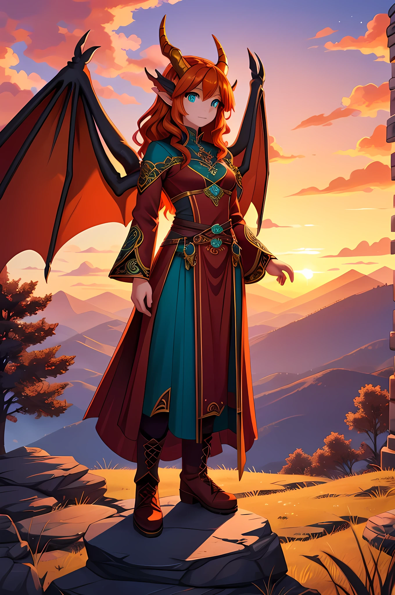 anime style art, fantasy style art, beautiful Celtic dragon girl, young adult European girl, mature young woman, tall character, 5 feet 11 inches tall, long wavy bright orange hair, bright teal eyes, realistic and sparkling teal eyes looking at viewer, shapely body, skinny body, healthy body, red warrior outfit, ornate red clothes, fancy purple patterns and symbols, 2 red dress coattails hanging down her sides, high brown leather boots, long draping red sleeves, 2 large orange dragon wings, wings on both sides, orange dragon horns, standing on top of a hill, sunset, mountains and trees in the distance, high quality digital art, 2k, professional illustration