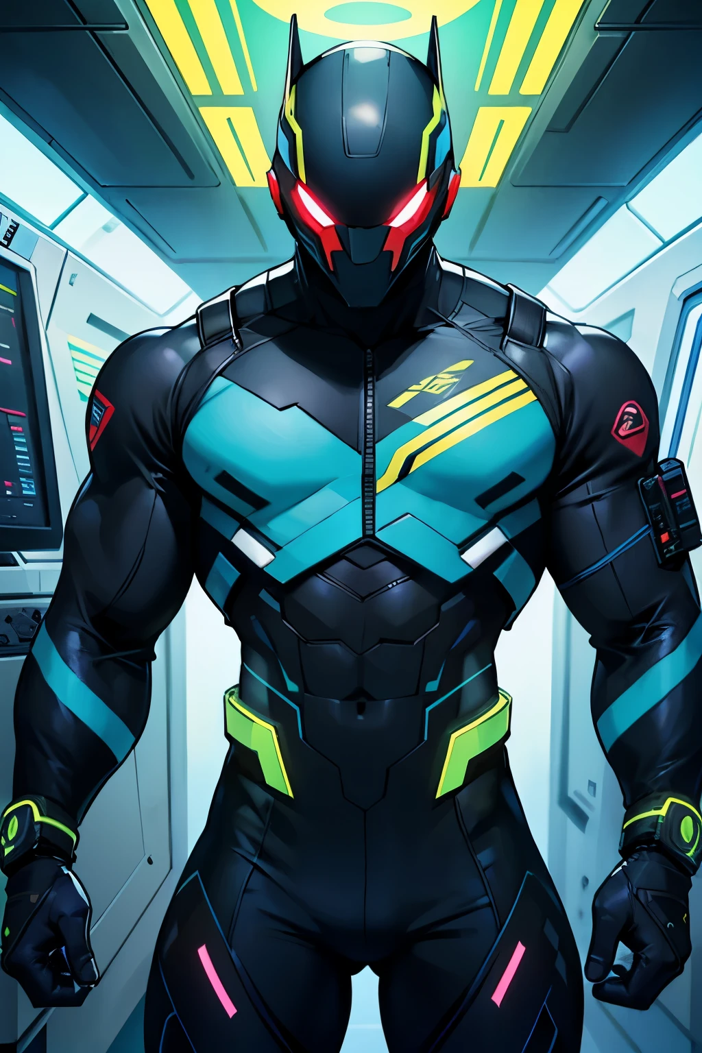 a muscular mexican cyber hero in a spandex cyber suit in a spaceship