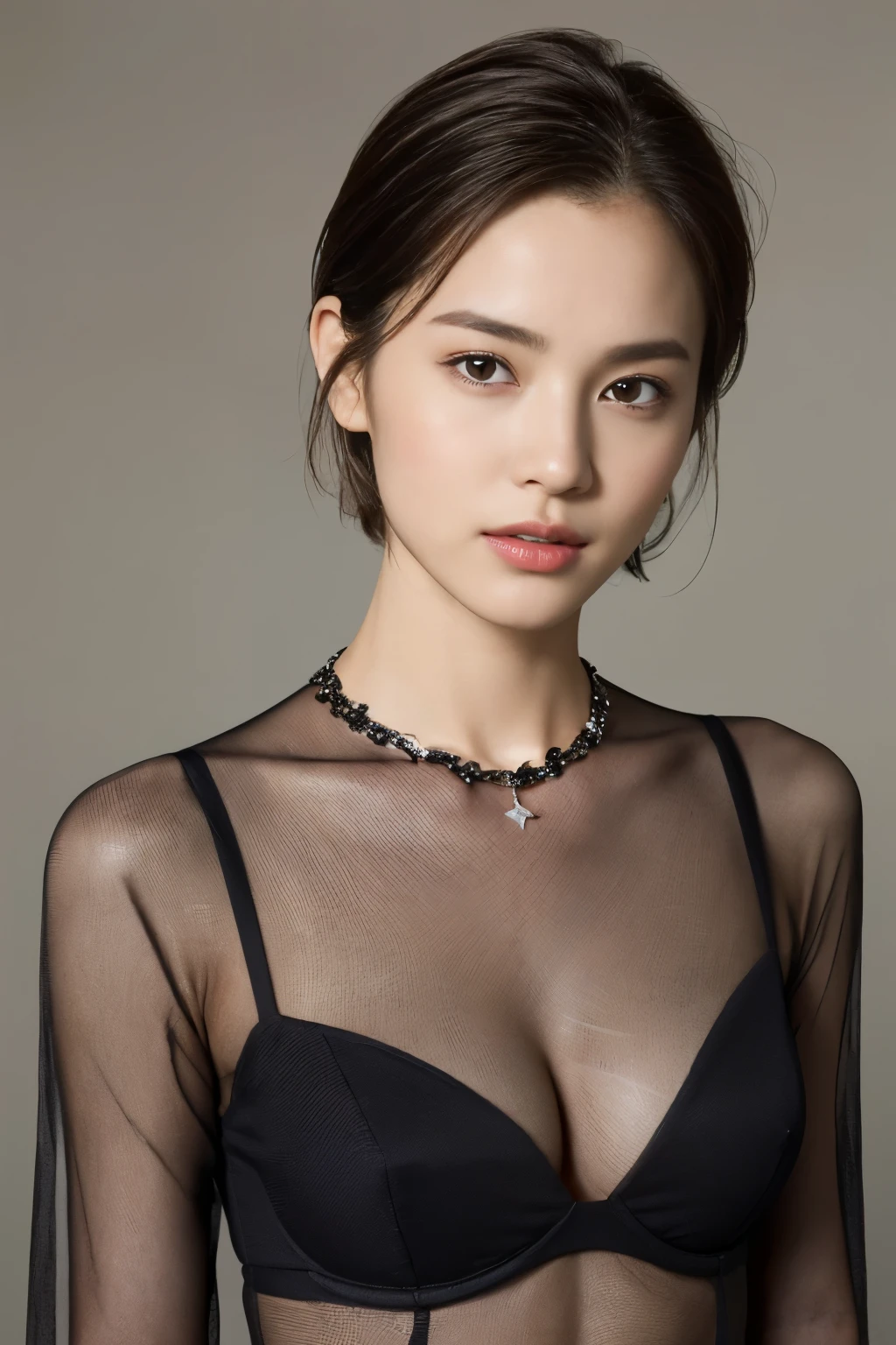 (Highest quality, 8k, 32K, masterpiece, Ultra-high resolution:1.2),Beautiful Japanese Women Photos,(Detailed face:1.1), Simple black suit, View your viewers,Upper Body,necklace,Dress shirt,smile,skirt