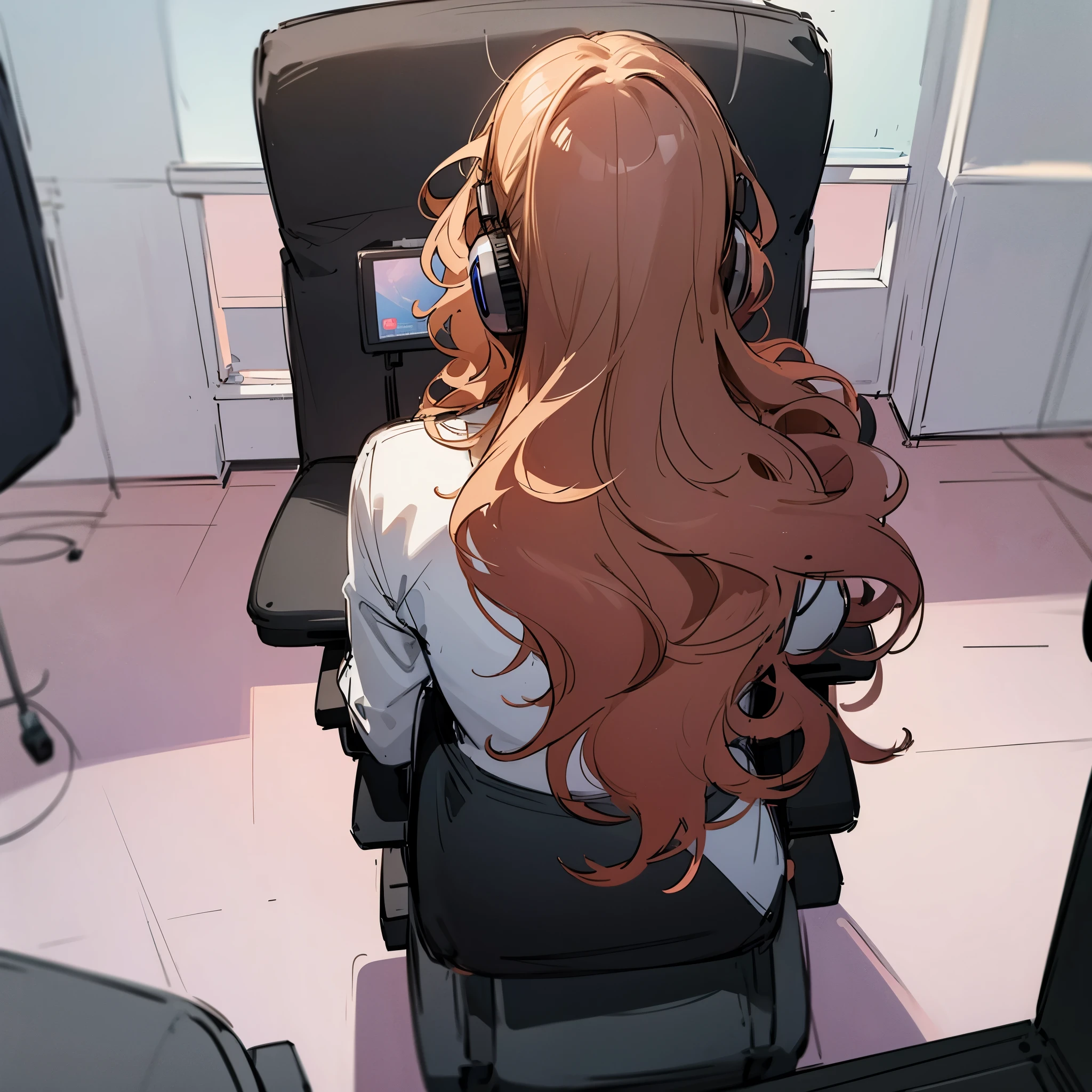 Sketch, couple, setup gamer, playing, from behind, man with wavy hair, sitting, gamer chairs, woman with long straight hair, sitting, gamer chair. Earphones. Anime sketch.