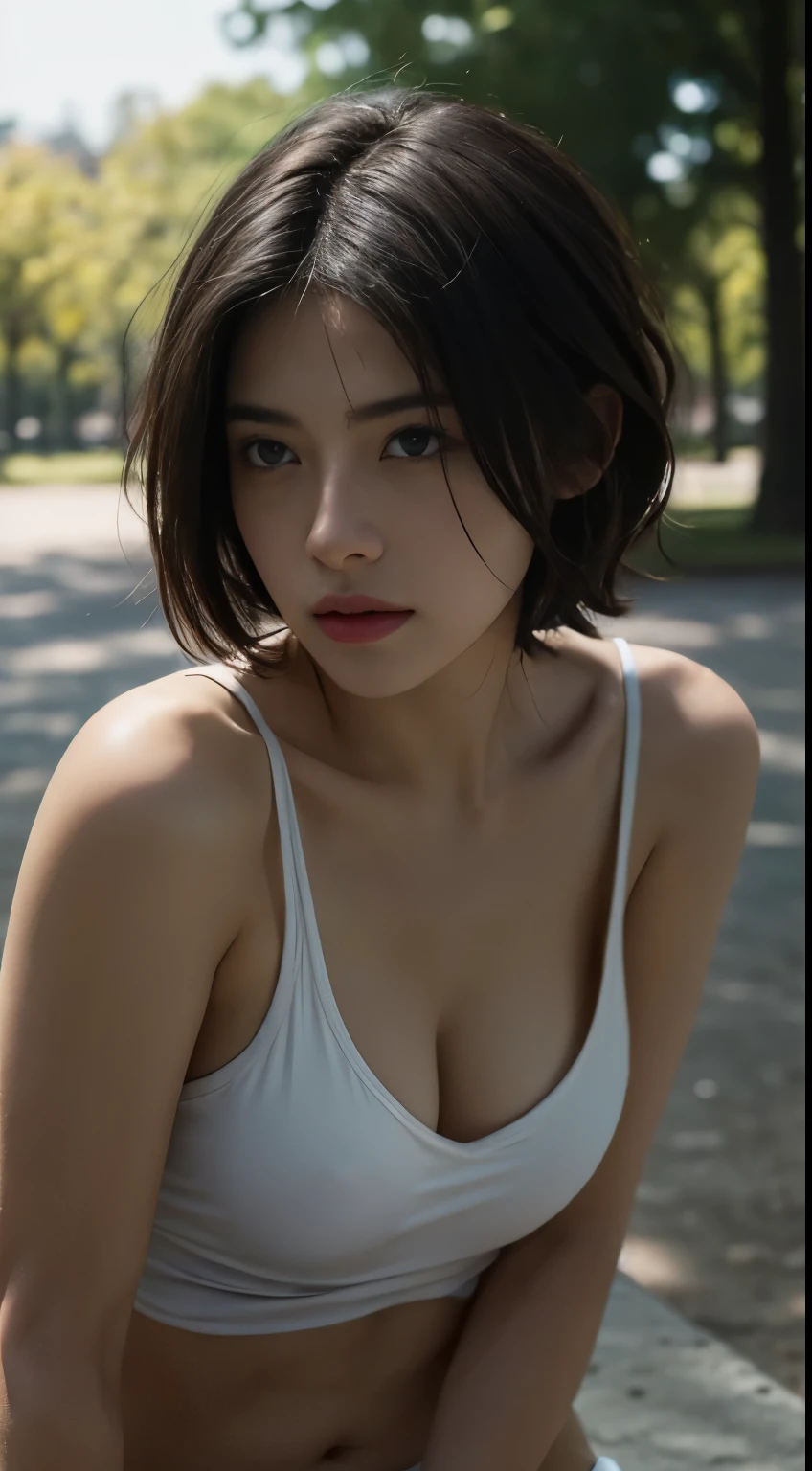 Best quality, masterpiece, ultra high res, (photorealistic:1.5), raw photo, 1girl, in the park, deep shadow, low key, cold light, sexy look, short hair, swimsuit