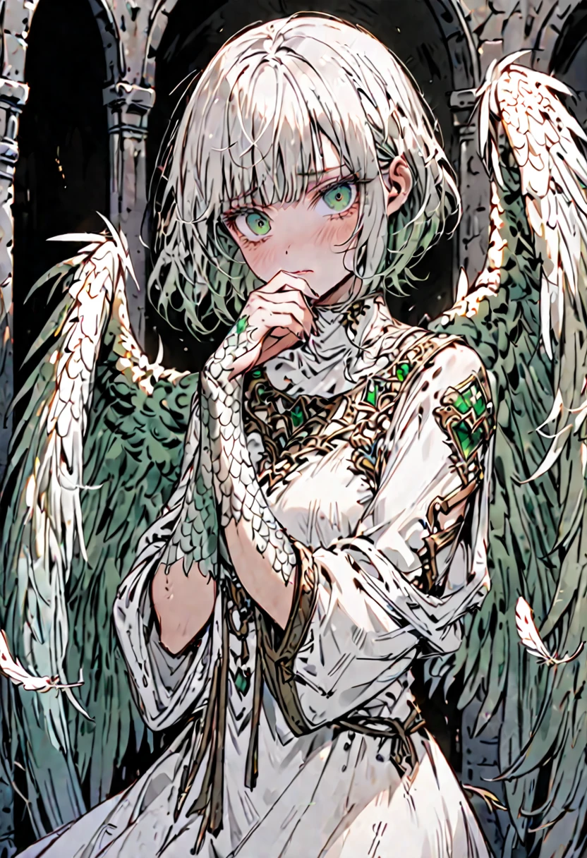 solo, female, sfw, warm, harem, medieval, harpy, large wings, wings, short, shy, dazed, unsure, emerald eyes, thick lashes, disheveled hair, short hair, bob cut hair, worn clothes, white dress, thin, shy pose, medium shot, claws:1.2, scales on hands, white scales on hands, ruffled feathers, blush, feather on hair