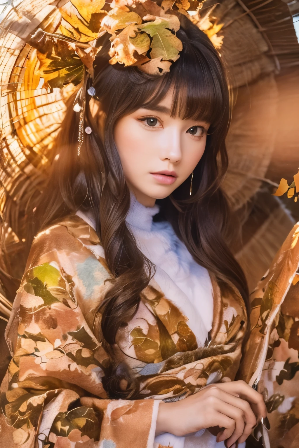 Fur Accessories, Fallen leaves export:
(best quality,8k,masterpiece:1.2),(highest quality:1.0), (ultra-high resolution:1.0), watercolor, beautiful woman, shoulder, hair ribbon, Agnes Cecil, half-body portrait, extremely bright design, pastel colors, (ink:1.3), autumn light, fur accessories, fallen leaves