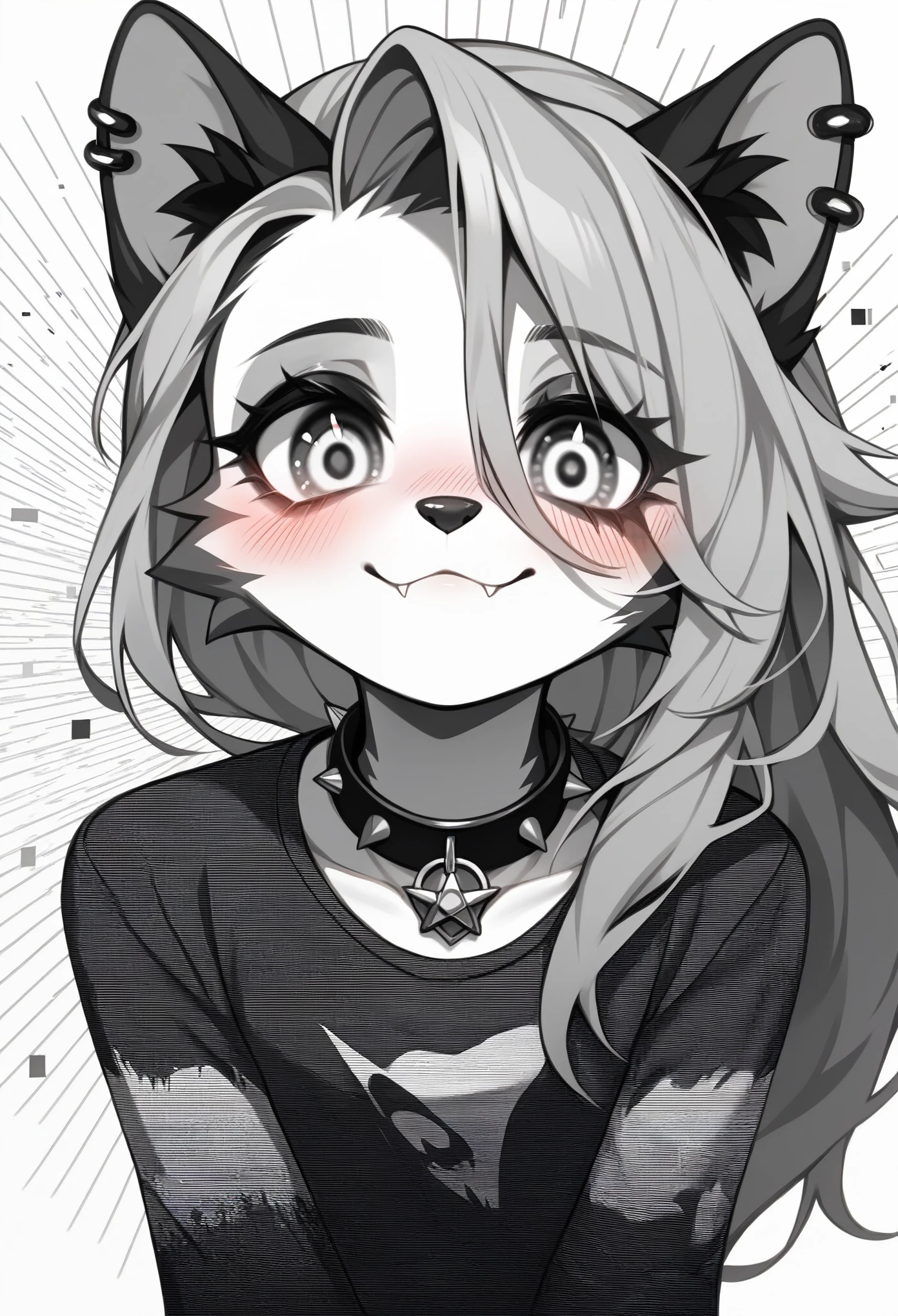 score_9, score_8_up, score_7_up, source_furry, rating_safe, by magnaluna, loona posing seductively in a goth bedroom, anthro, blushing,, crazy eyes, emotionless, closed mouth, insanity-angle, face close-up, glitch, glitching, horror, white background, simple background, greyscale,monochrome,