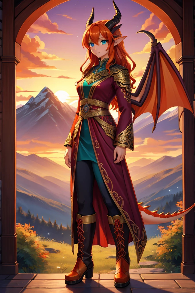 anime style art, fantasy style art, beautiful Celtic dragon girl, young adult European girl, mature young woman, tall character, 5 feet 11 inches tall, long wavy bright orange hair, bright teal eyes, realistic and sparkling teal eyes looking at viewer, shapely body, skinny body, healthy body, orange scaly skin, highly detailed scales, covered in orange scales, purple and red warrior outfit, ornate red clothes, fancy purple patterns and symbols, 2 red dress coattails hanging down her sides, high brown leather boots, long draping red sleeves, 2 large orange dragon wings, wings on both sides, orange dragon horns, standing on top of a hill, sunset, mountains and trees in the distance, high quality digital art, 2k, professional illustration