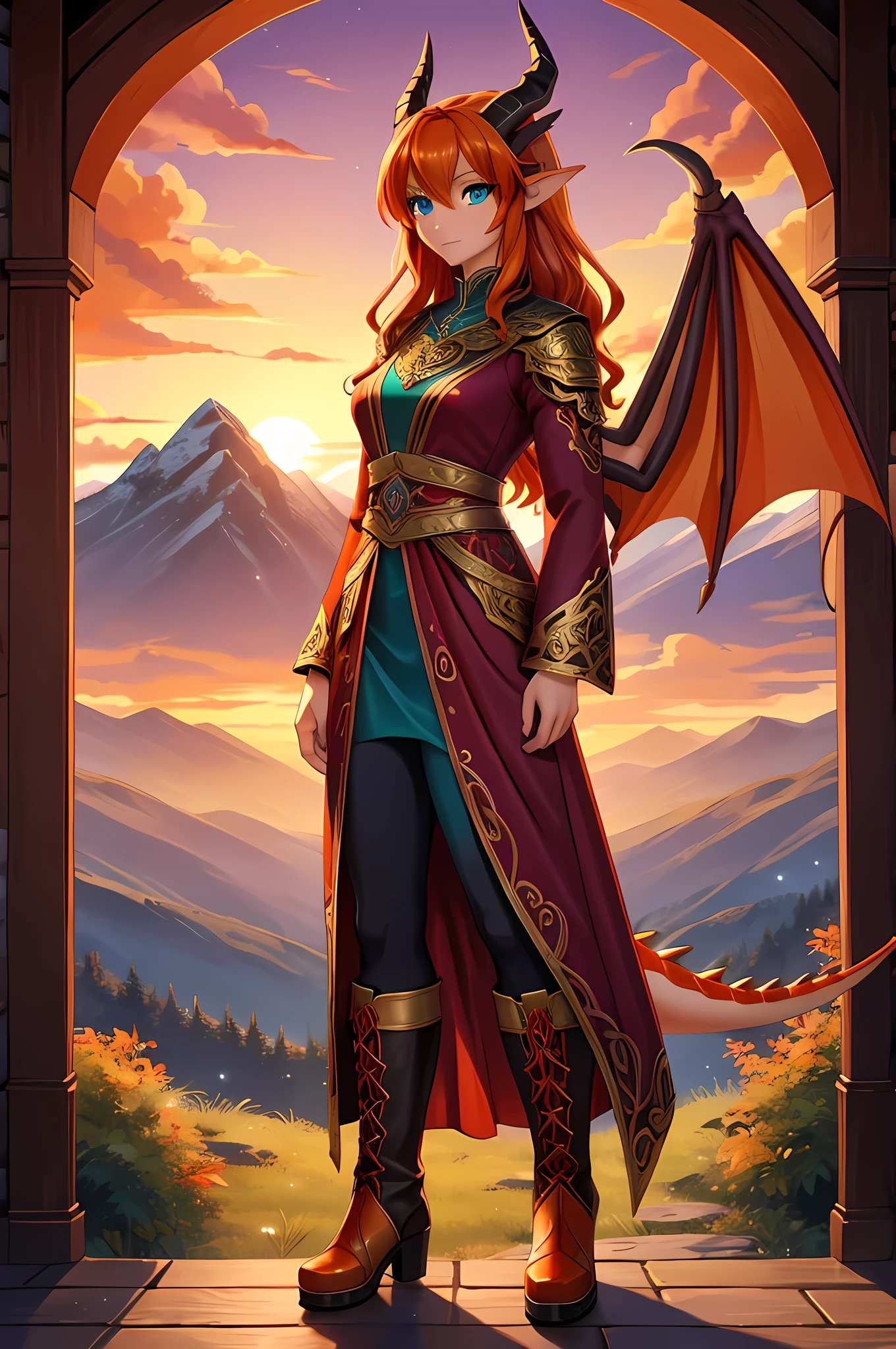 anime style art, fantasy style art, beautiful Celtic dragon girl, young adult European girl, mature young woman, tall character, 5 feet 11 inches tall, long wavy bright orange hair, bright teal eyes, realistic and sparkling teal eyes looking at viewer, shapely body, skinny body, healthy body, orange scaly skin, highly detailed scales, covered in orange scales, purple and red warrior outfit, ornate red clothes, fancy purple patterns and symbols, 2 red dress coattails hanging down her sides, high brown leather boots, long draping red sleeves, 2 large orange dragon wings, wings on both sides, orange dragon horns, standing on top of a hill, sunset, mountains and trees in the distance, high quality digital art, 2k, professional illustration