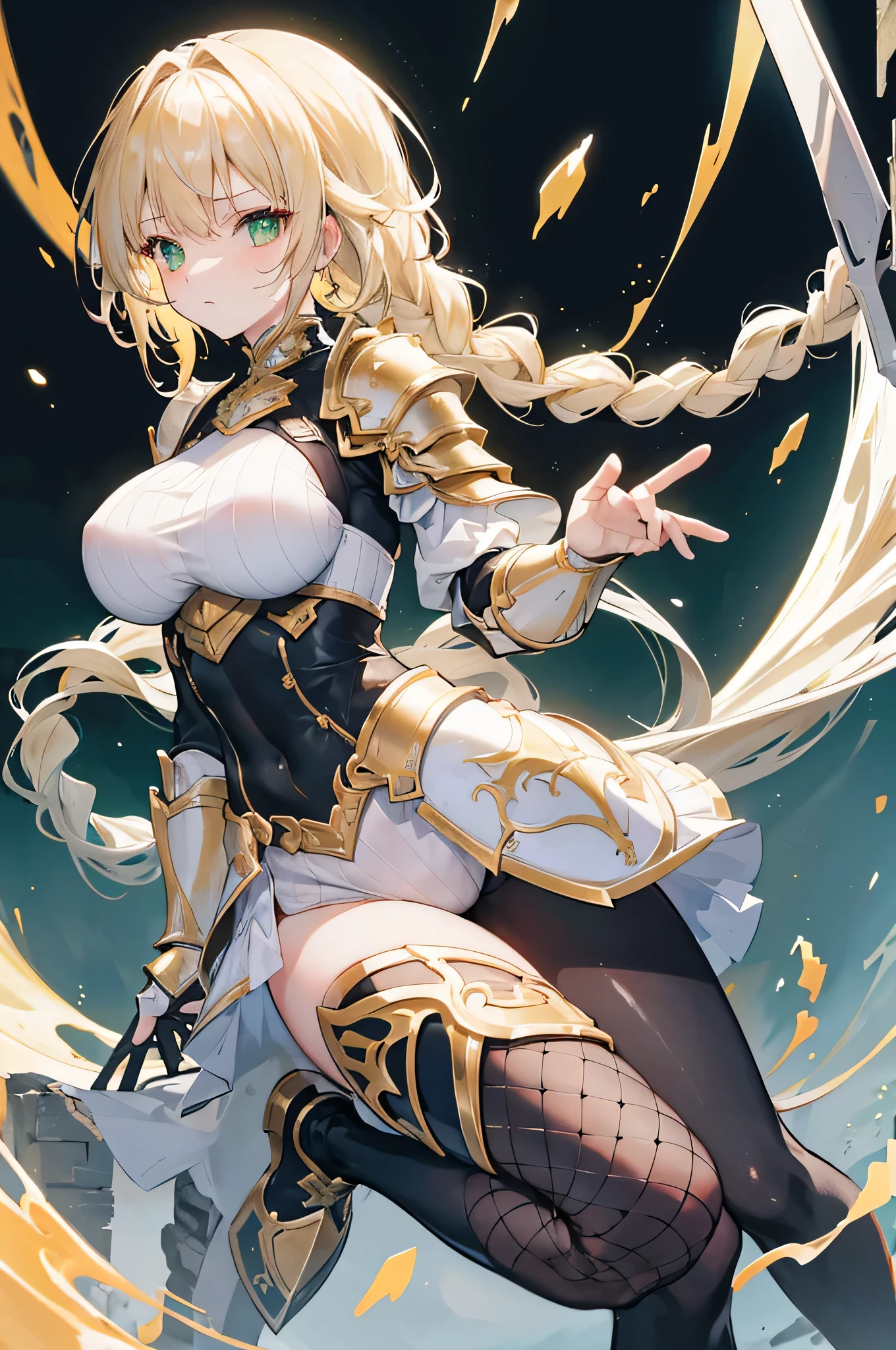 4k,High resolution,One Woman,Cream colored hair,long hair,Braid,Green Eyes,Big Breasts,knight,White leotard armor,Full Armor,Heavy Armor,Black shoes,Fishnet tights,Gold decoration,Long sword,Plains