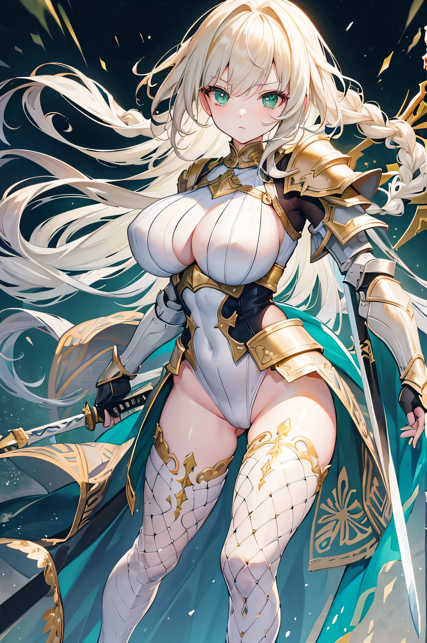 4k,High resolution,One Woman,Cream colored hair,long hair,Braid,Green Eyes,Big Breasts,knight,White leotard armor,Full Armor,Heavy Armor,Black shoes,Fishnet tights,Gold decoration,Long sword,Plains