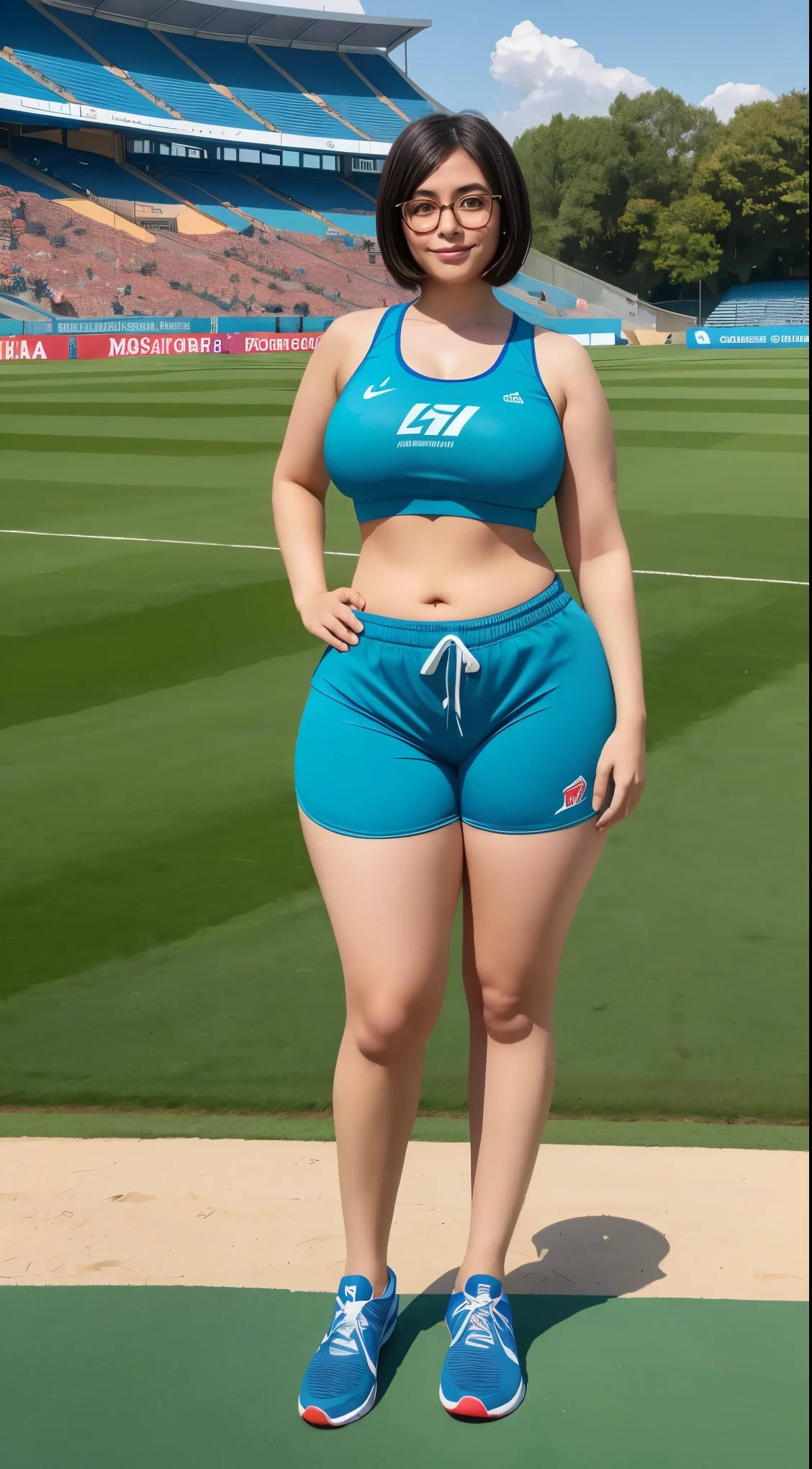 Arabic teacher in stadion, angut face, curvy body, very detail , Short hair, use Glasses,wide hips, loong legs ,thick high, full body in camera, wearing Sports shoes, Wearing jogging shorts clothes and a small pale blue crop top
