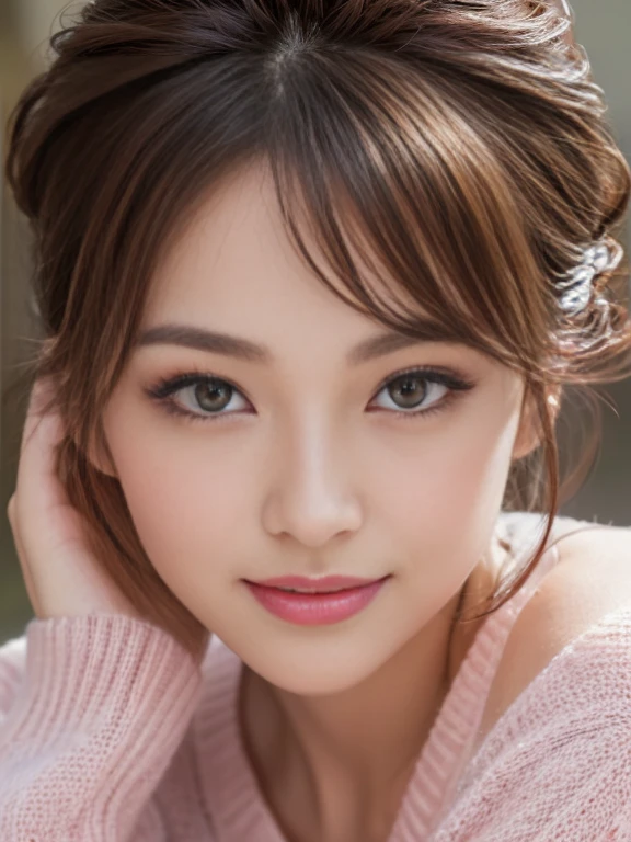 (highest quality、Tabletop、8k、Best image quality、Award-winning works)、２５age、Japanese top model、alone、(Perfect V-neck pink long knit sweater:1.3)、(The perfect pink V-neck sweater:1.1)、(Red eyeshadow:1.2)、Perfect Makeup、Long eyelashes、Ultra-high definition sparkling eyes、Ultra HD Hair、Ultra High Resolution Glossy Lips、Ultra High Resolution Perfect Teeth、Ultra HD cute face、Brown Hair、A sweet smile stares at me、[clavicle]、Accurate anatomy、(Face close-up:1.55)、Luxury (The most atmospheric and warm lighting:1.2)、Blurred Background、With bangs、Ultra-high-definition, shiny, moisturized face、Ultra-high resolution glowing skin、The most detailed face、Super high resolution detailed faces、ultra high resolution hair、Ultra-high resolution sparkling eyes、Beautiful face drawn in every detail、Ultra high resolution glossy red lips、(Closed lips:1.3)、Smiling Kindly、Enchanted Valley、
