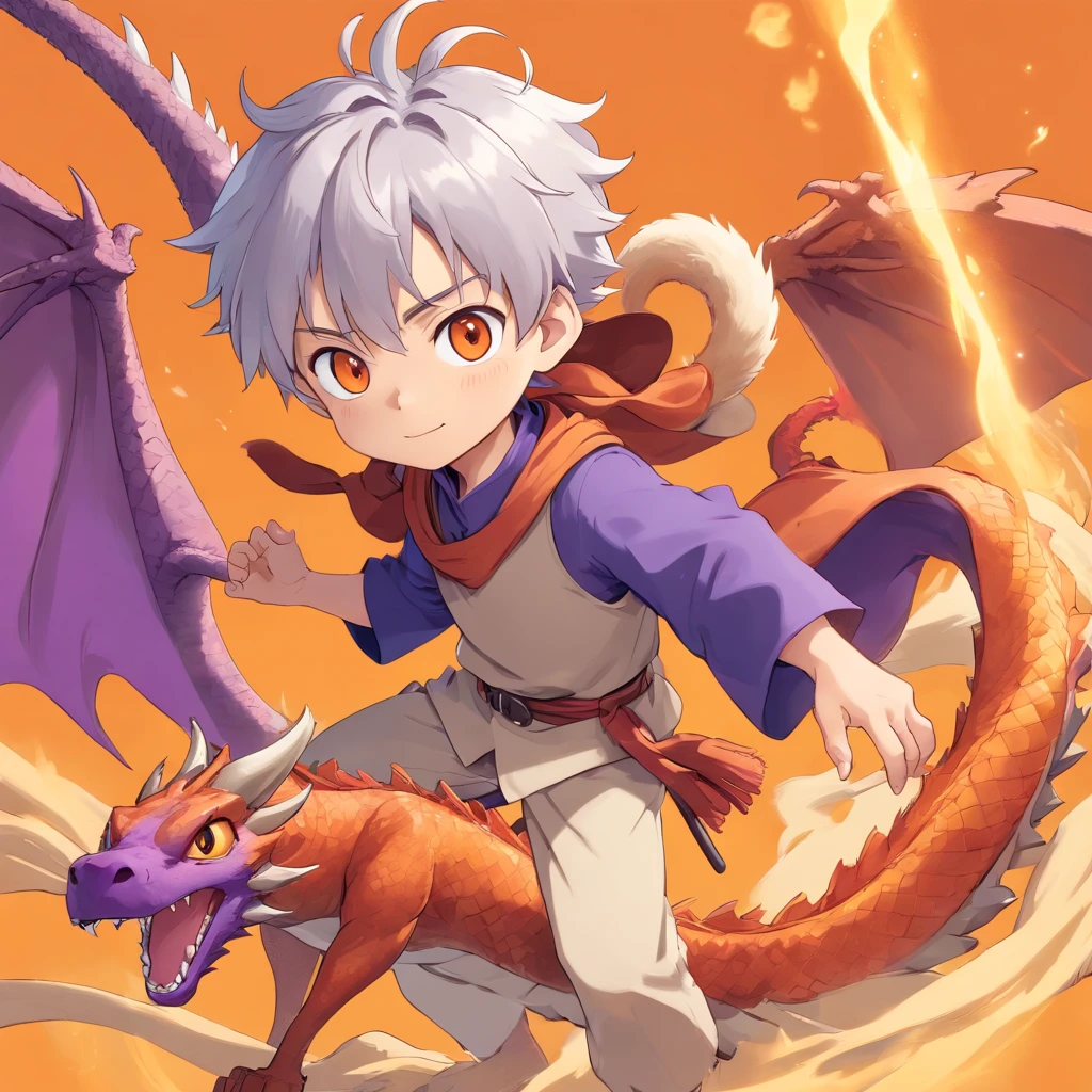 Anime style, male character chibi design, cinnamon skin tone, orange and violet color theme, dragon pet, silver hair, hazel colored eyes, pastal magical background, full body, 3D Image