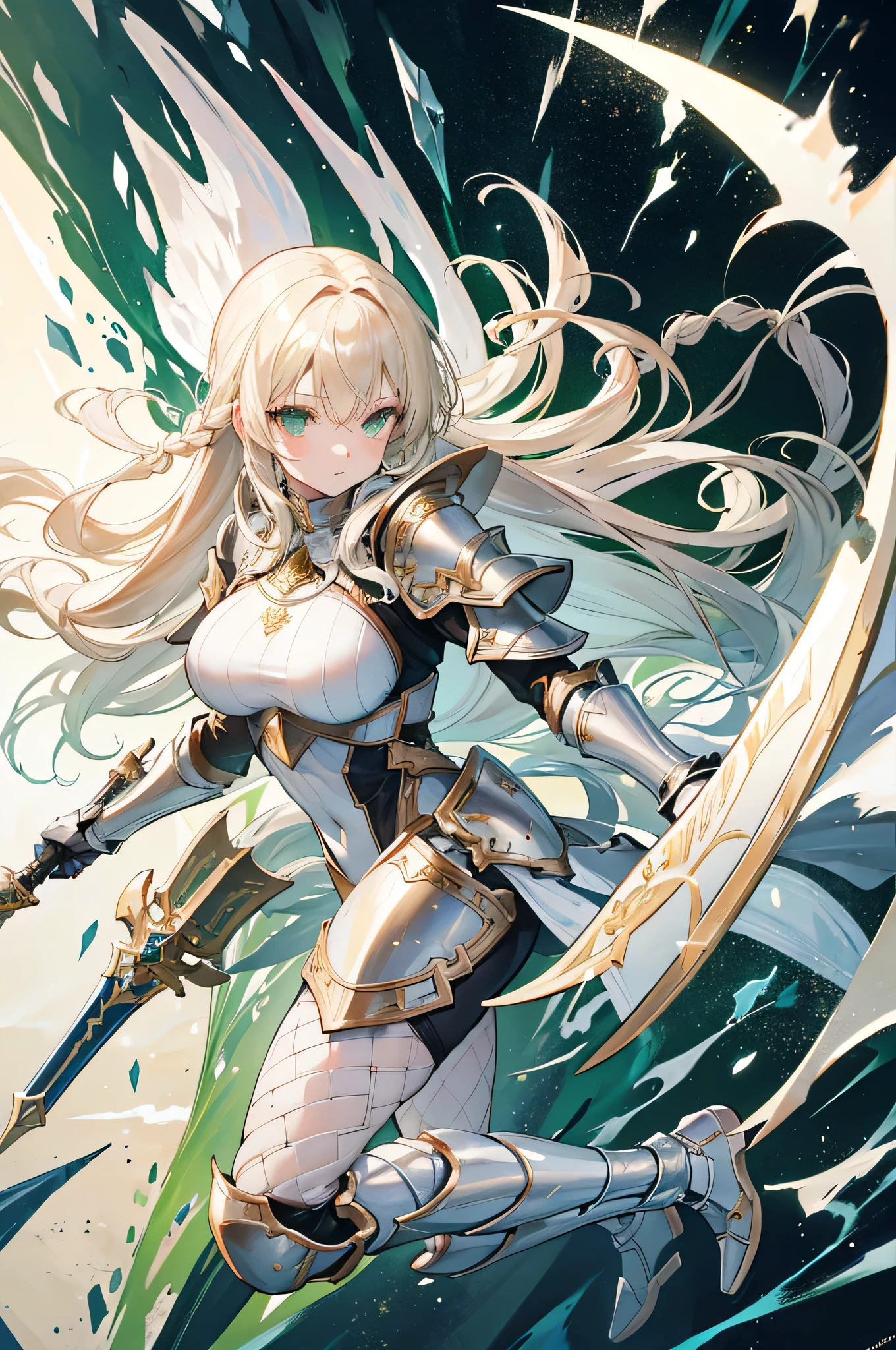 4k,High resolution,One Woman,Cream colored hair,long hair,Braid,Green Eyes,knight,White leotard armor,Full Armor,Heavy Armor,Black shoes,Fishnet tights,Gold decoration,Long sword,Plains