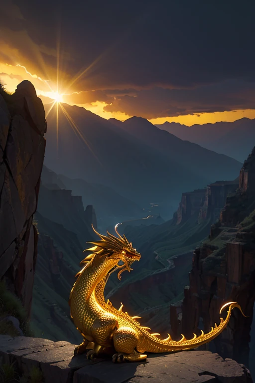 So sublime and divine々A beautiful golden dragon coiled up in the center of the screen, glaring at the camera.。The surrounding area is a canyon where no one can get close, and lightning is flashing in the background.、The sun is shining brightly