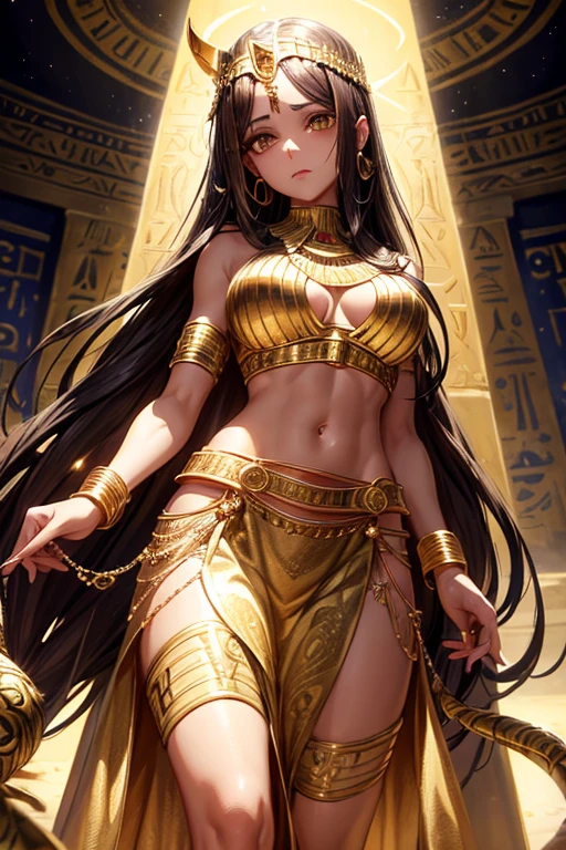 Egyptian sorceress, Cass, 40 year old woman, short messy brown hair, silver decorations, brown eyes, white and gold Egyptian clothing, dark gold vest with silver snake print, gold belt, dark gold pants, gold pendant with Egyptian Egyptian symbol with rose quartz gems, gold rings on both hands, slim build, base of an Egyptian pyramid, pyramid,