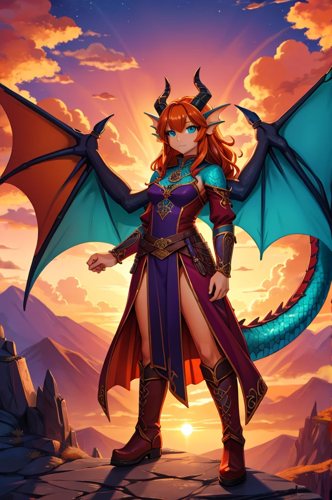anime style art, fantasy style art, beautiful Celtic dragon girl, young adult European girl, mature young woman, tall character, 5 feet 11 inches tall, long wavy bright orange hair, bright teal eyes, realistic and sparkling teal eyes looking at viewer, shapely body, skinny body, healthy body, orange scaly skin, highly detailed scales, covered in orange scales, purple and red warrior outfit, ornate red clothes, fancy purple patterns and symbols, 2 red dress coattails hanging down her sides, high brown leather boots, long draping red sleeves, 2 large orange dragon wings, wings on both sides, orange dragon horns, standing on top of a mountain, sunset, brilliant cloudy sky, sunset lighting up the clouds, high quality digital art, 2k, professional illustration