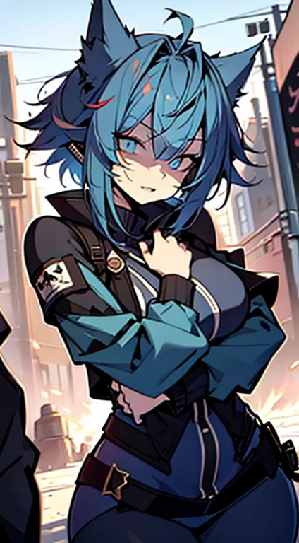 1girl, short_rebellious_hairblue_hair, blue_eyes, scary_eyes, short_hair, hair just blue, expression would be, looking_at_vi ewer, holding, shirt, pant, animal_ears, blue_ ears, wolf_woman, blue_tail, body_perfect, Milf_body, female_body_muscular, scar_on_thighs, scar_on_the abdomen, hunter_outfit_black