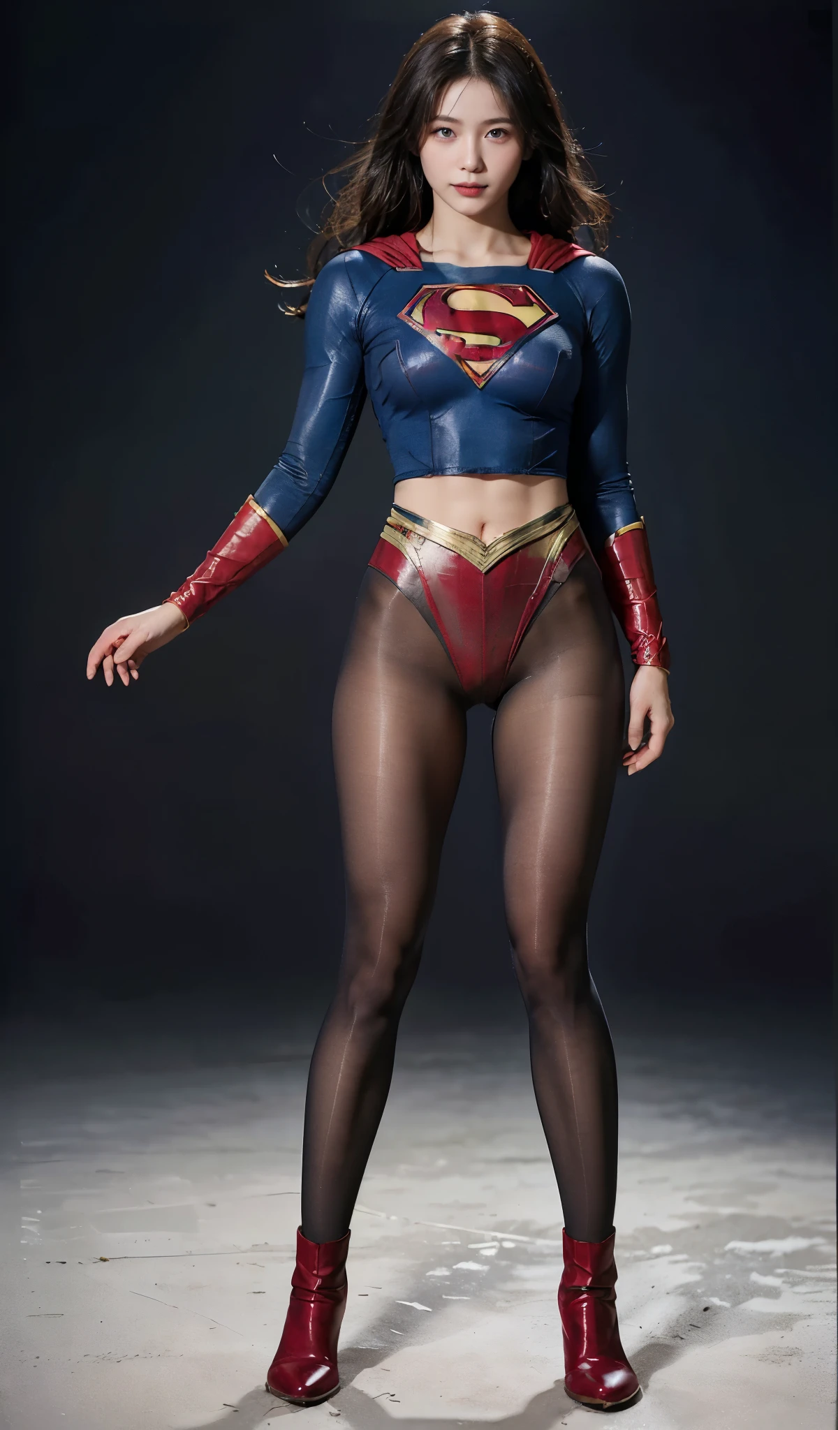 No background、(((Beautiful legs in black tights.)))、(((Legally express the beauty of your smile)))、((((Make the most of your original images)))、(((Supergirl Costume)))、(((Beautiful Hair)))、(((suffering)))、(((Please wear black tights....、Wear red boots)))、((Best image quality、8k))、((highest quality、8k、masterpiece:1.3))、(((Preserve background )))、Sharp focus:1.2、Beautiful woman with perfect figure:1.4、Slim Abs:1.2、Wet body:1.5、Highly detailed face and skin texture、8k