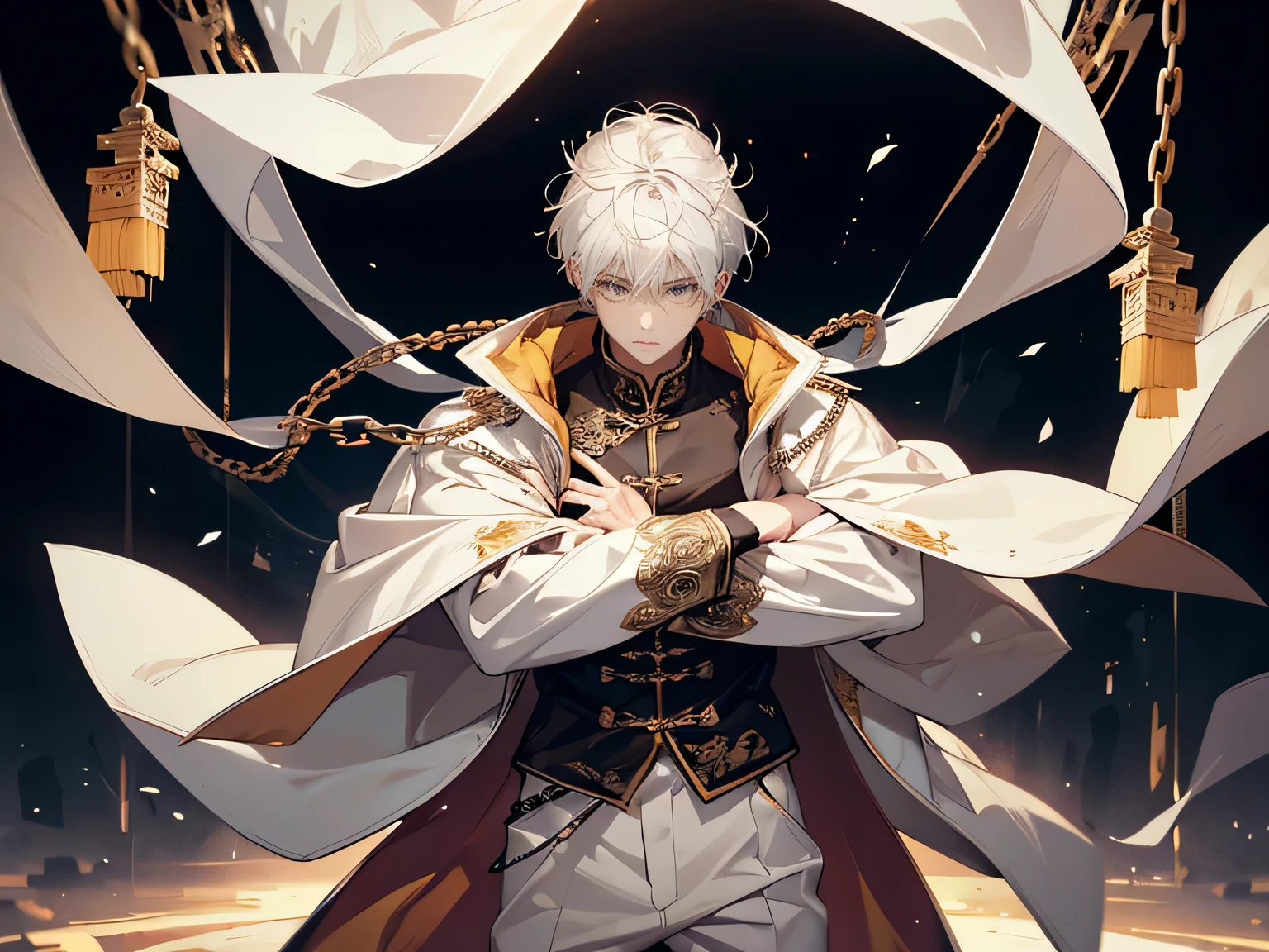 1 man, teacher, wearing a white leather jacket robe with chains, long white pants, white hair, chinese short hair, face to detail, detailed eyes, yellow eyes, half white crown floating over his head, in a fighting pose, the background is space beings in china.