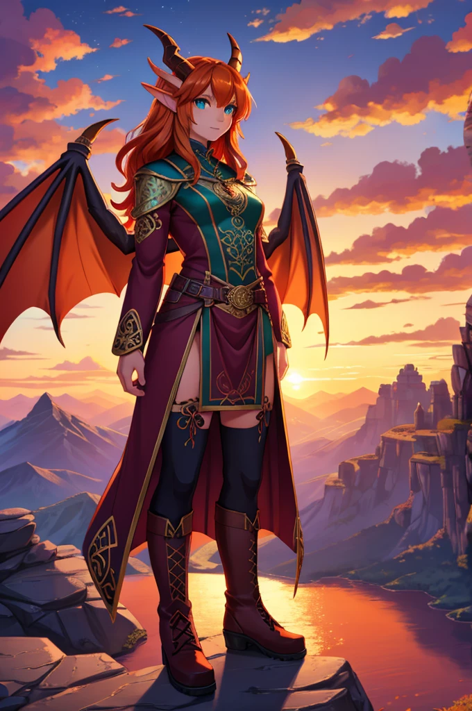 anime style art, fantasy style art, beautiful Celtic dragon girl, young adult European girl, mature young woman, tall character, 5 feet 11 inches tall, long wavy bright orange hair, bright teal eyes, realistic and sparkling teal eyes looking at viewer, shapely body, skinny body, healthy body, orange scaly skin, highly detailed scales, covered in orange scales, purple and red warrior outfit, ornate red clothes, fancy purple patterns and symbols, 2 red dress coattails hanging down her sides, high brown leather boots, long draping red sleeves, 2 large orange dragon wings, wings on both sides, orange dragon horns, standing on top of a mountain, at the mountain peak, sunset, brilliant cloudy sky, sunset lighting up the clouds, high quality digital art, 2k, professional illustration