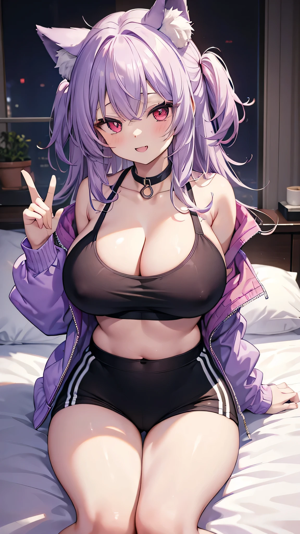 The best masterpiece、high resolution、Wolf Girl, Large Breasts, Voluminous, messy, light purple hair, masterpiece , Red eyes, hd, Head to Chest, Put in your chest、 tooth、Double teeth,, On the bed、Thick thighs、Grinning、Knitted sports bra、、Big Tits、Open your mouth、Jacket、