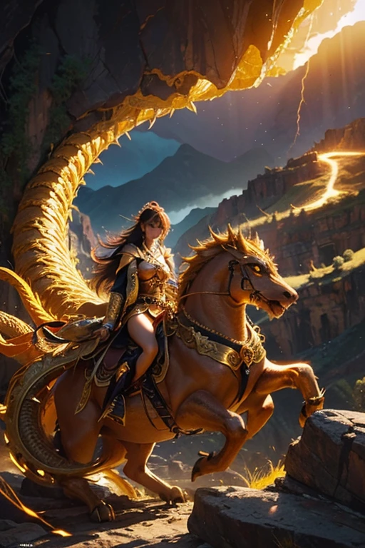 So sublime and divine々A beautiful golden dragon coiled up in the center of the screen, glaring at the camera.。The surrounding area is a canyon where no one can get close, and lightning is flashing in the background.、The sun is shining brightly