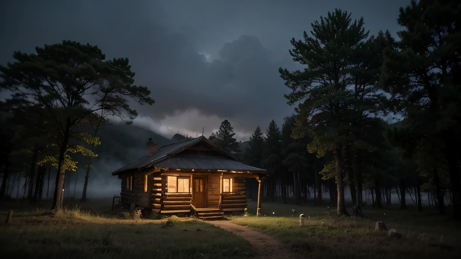 a cabin in the misty forest at night, com muita neblina, closed sky of rain clouds