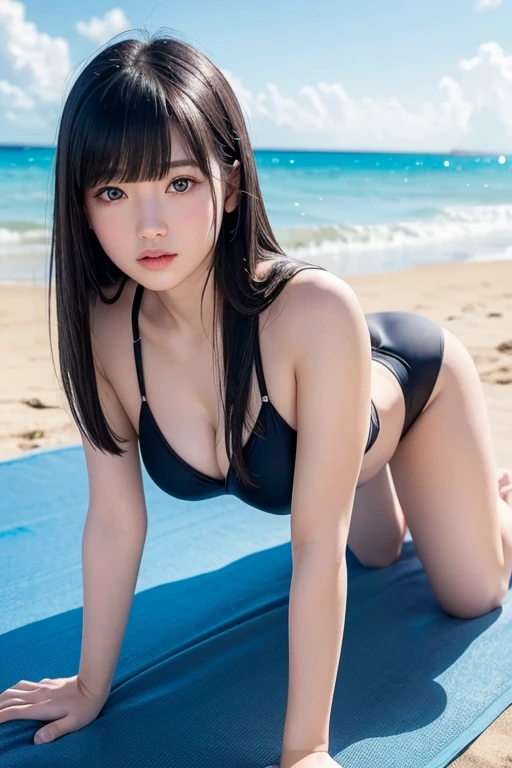 highest quality, masterpiece, Ultra-high resolution, (Realistic:1.4), RAW Photos, One girl, (8k、超A high resolution、highest quality、Masseter muscle area、Photorealistic、Ultra-high resolution)、Portrait、Swimwear、フリルのSwimwearを着て、 look、Younger, brighter, whiter skin、Best Looks、Shiny black hair、Shiny bright hair,、Super long, silky straight hair、Shiny beautiful bangs、Sparkling, clear, attractive big blue eyes、A very beautiful, lovely and cute 16 year old girl、At the Beach、Okinawa&#39;s ocean、Summer sunshine、Small bulging breasts、Nogizaka Idol、Beautiful Abs、Supple and soft limbs