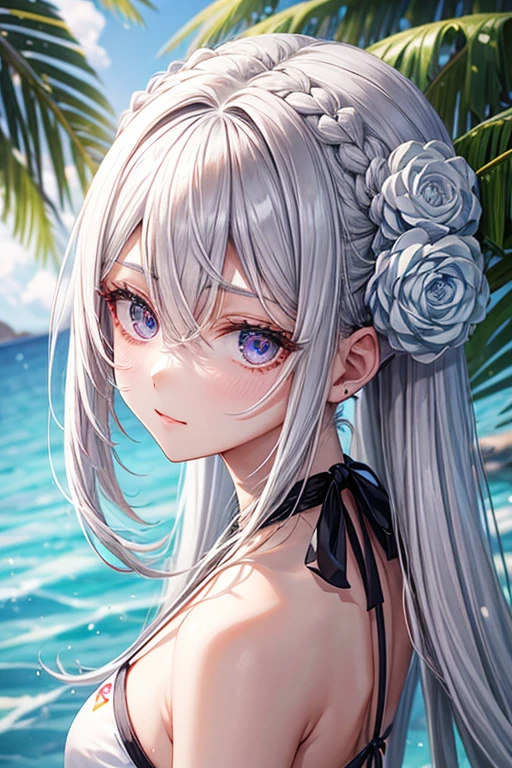 (masterpiece:1.2, best quality), (1lady, solo,(portrait shot)), Clothing: multicoloured bikini, strappy sandals, Accessories: shell necklace, Hair: loose beach waves, white hair, short wavy hair, Makeup: natural, glowing skin, Behavior: relaxed, carefree, free-spirited, Location: beach, resort, outdoor festival, purple eyes, average breasts, (beautiful detailed face, beautiful detailed eyes), (sunbeam, sunlight, rose, wind),