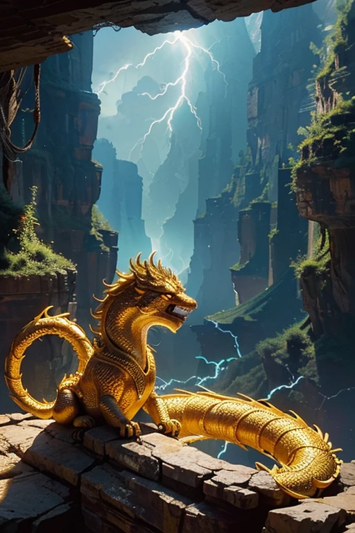 So sublime and divine々A beautiful golden dragon coiled up in the center of the screen, glaring at the camera.。(The surrounding area is a canyon where no one can get close, and lightning is flashing in the background.、The sun is shining brightly
