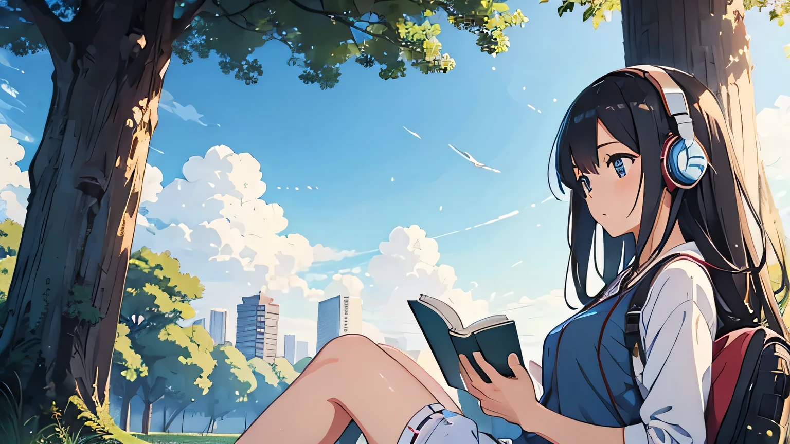 A girl reading a book while listening to music with headphones under a big tree Outside, the sky is blue Warm atmosphere Japanese anime style