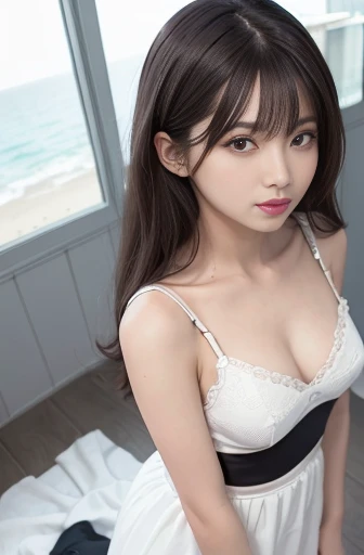 a lot of details, (slender waist), 30 years old, detailed black hair, beautiful detailed hair, super fucking beautiful, complex details beautiful and delicate eyes, perfect hands, (small breasts best quality), perfect and delicate limbs, detailed skin, best quality, ultra-detailed,
full body, aerial view, battleing, long hair blown up, light smile, white jumper dress school, high heels, ocean, Washitsu, dream, ((((spot lighting)))),