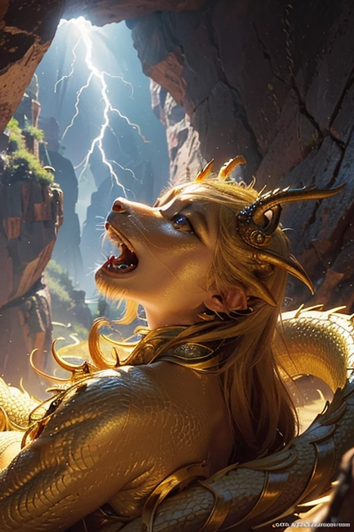 So sublime and divine々A beautiful golden dragon coiled up in the center of the screen, glaring at the camera.。(Dragon face close-up)The surrounding area is a canyon where no one can get close, and lightning is flashing in the background.、The sun is shining brightly