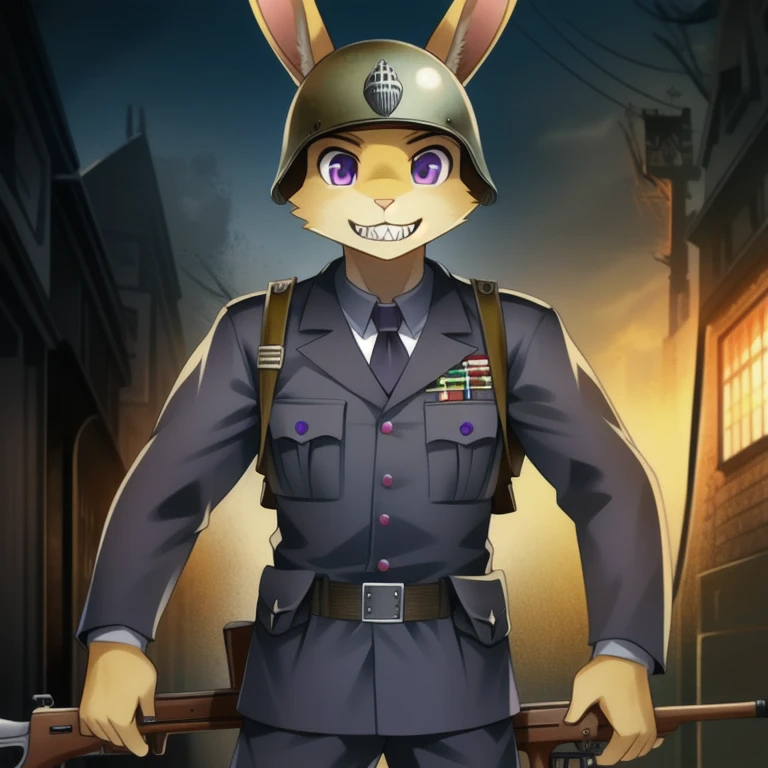 solo, male, rabbit, yellow colored fur, lean body, anthropomorphic rabbit, German WW2 Gray uniform , German WW2 helmet, bolt action rifle, purple eyes, sharp teeth, standing at attention, horror setting, Gray uniform 