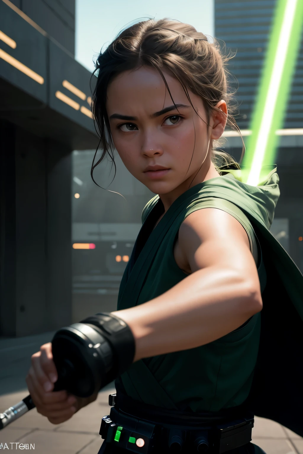 Cinematic photo of a young Jedi training, 1 girl, with a green lightsaber in hand, reminiscent of a 35mm photograph, captured on film for a professional, 4k production. With highly detailed lighting and vivid cinematic flair, the image reveals the Jedi's intense concentration and absorbed focus as she wields her weapon with precision. The photo exudes a heightened level of realism, capturing the moment with razor-sharp clarity and an almost hyper-realistic textured finish, suggesting a trend in the digital art world on platforms like ArtStation, rendered in 8k HD for maximum detail. A significant and best quality capture, this photograph was