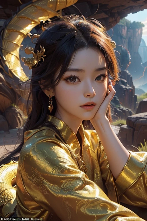 So sublime and divine々A beautiful golden dragon coiled up in the center of the screen, glaring at the camera.。(Dragon face close-up)The surrounding area is a canyon where no one can get close, and lightning is flashing in the background.、The sun is shining brightly