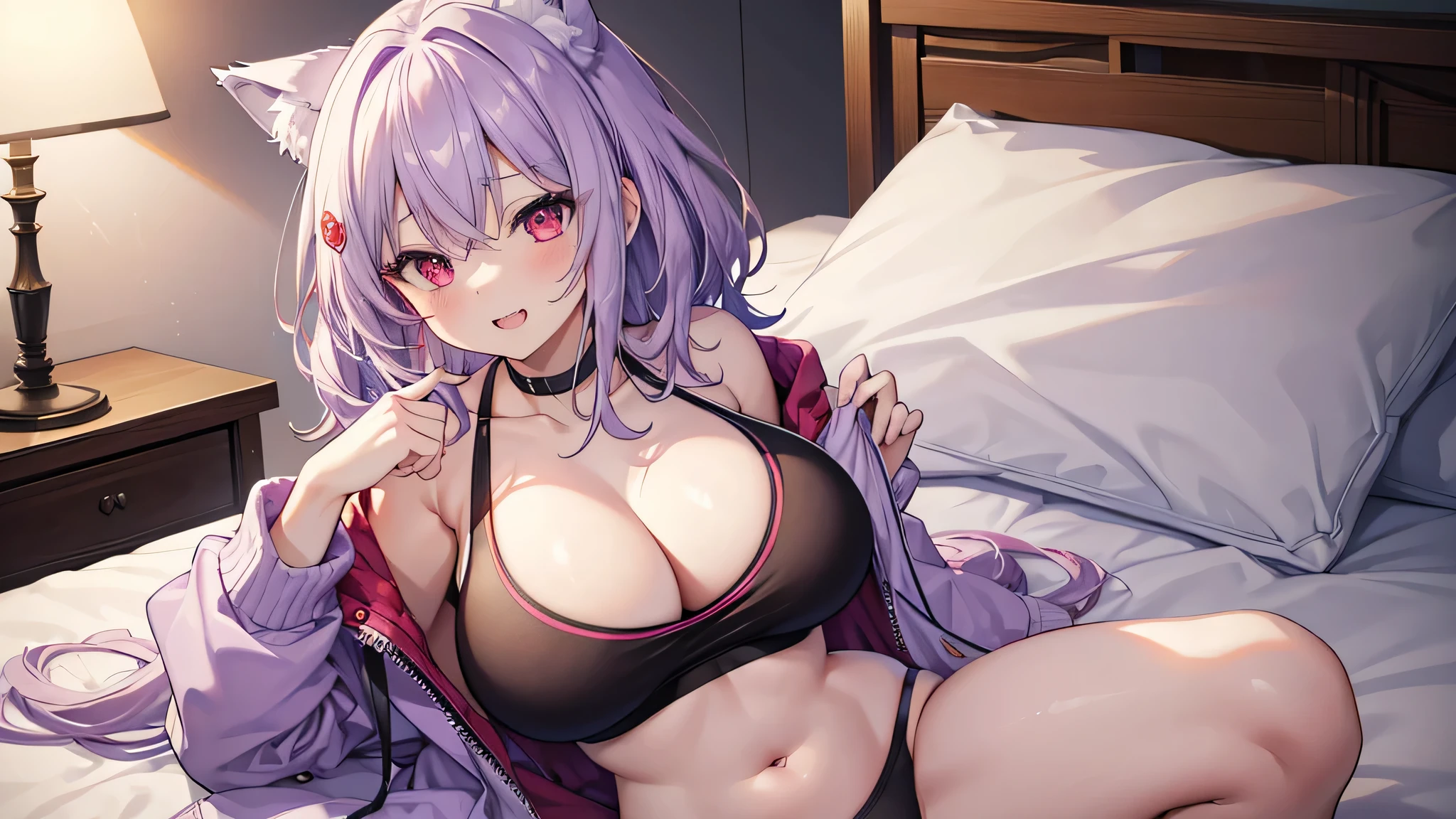 The best masterpiece、high resolution、Wolf Girl, Large Breasts, Voluminous, messy, light purple hair, masterpiece , Red eyes, hd, Head to Chest, Put in your chest、 tooth、Double teeth,, On the bed、Thick thighs、Grinning、Knitted sports bra、、Big Tits、Open your mouth、Jacket、